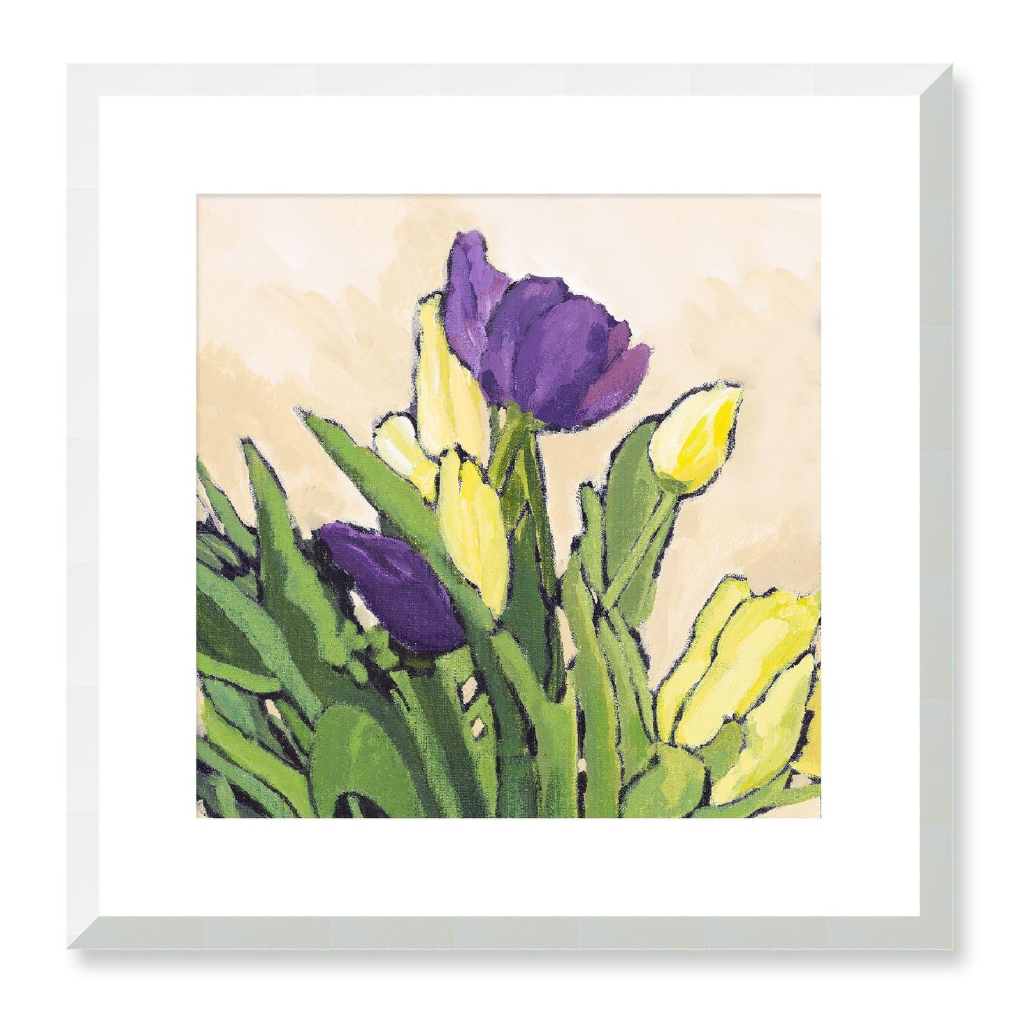 Framed Fine Art Print, White Mat - 12x12 16x16 20x20 24x24 28x28 32x32 36x36 40x40 inches | Purple & Yellow Tulips in Acrylic, FPS-1060-002, Prints, Fine art, White Frame, 41 x 41 cm ,16 x 16 inches