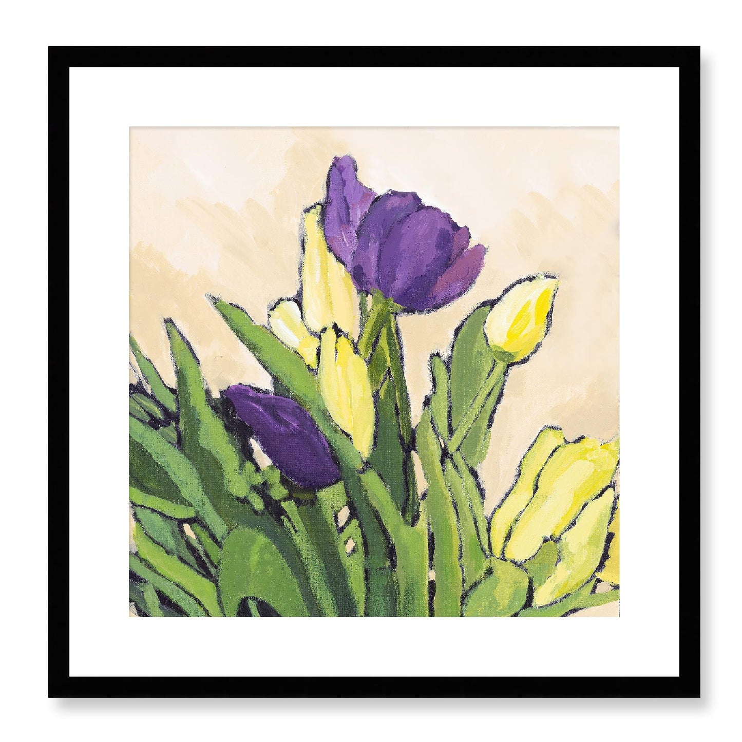 Framed Fine Art Print, White Mat - 12x12 16x16 20x20 24x24 28x28 32x32 36x36 40x40 inches | Purple & Yellow Tulips in Acrylic, FPS-1060-002, Prints, Fine art, Black Frame, 51 x 51 cm ,20 x 20 inches