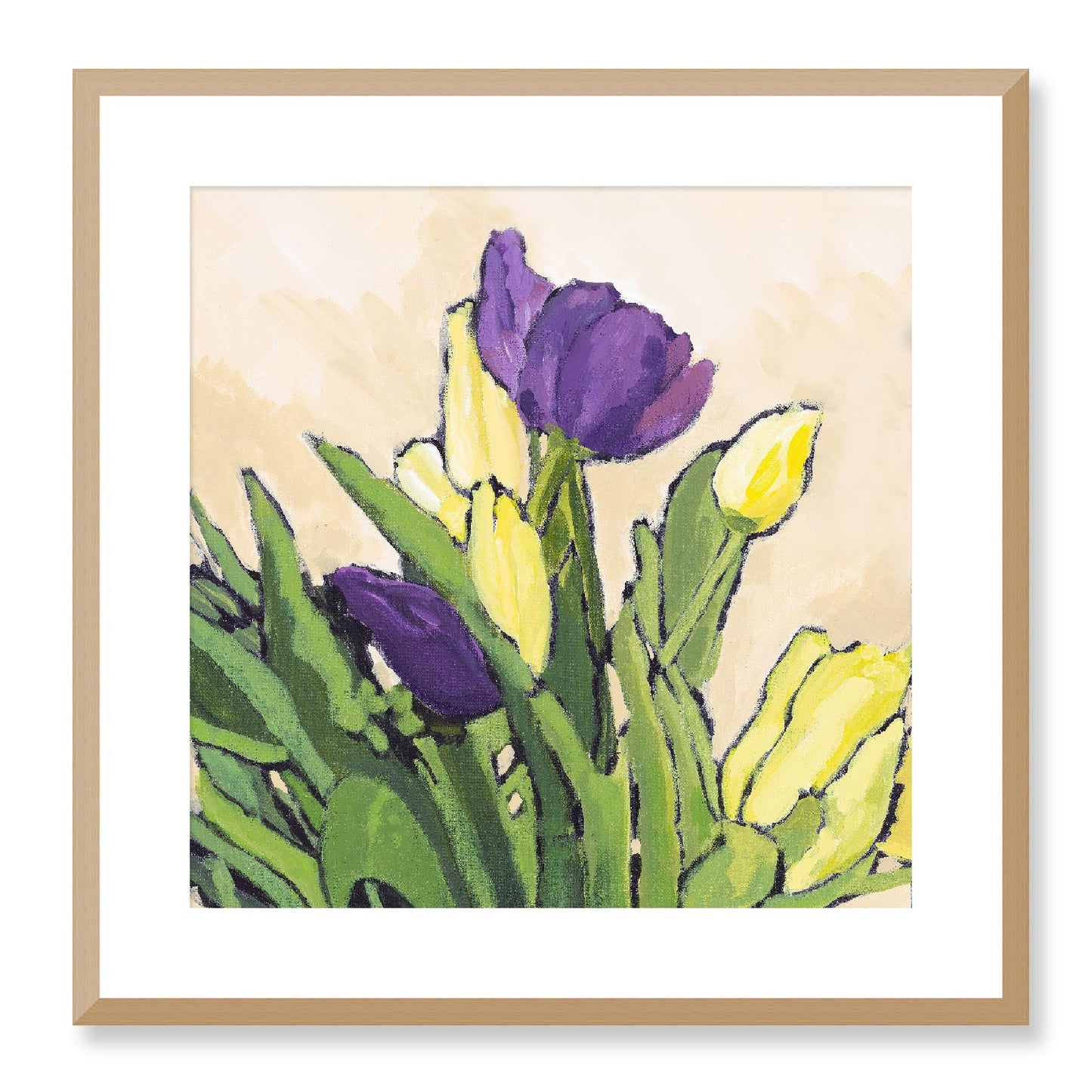 Framed Fine Art Print, White Mat - 12x12 16x16 20x20 24x24 28x28 32x32 36x36 40x40 inches | Purple & Yellow Tulips in Acrylic, FPS-1060-002, Prints, Fine art, Natural Frame, 51 x 51 cm ,20 x 20 inches