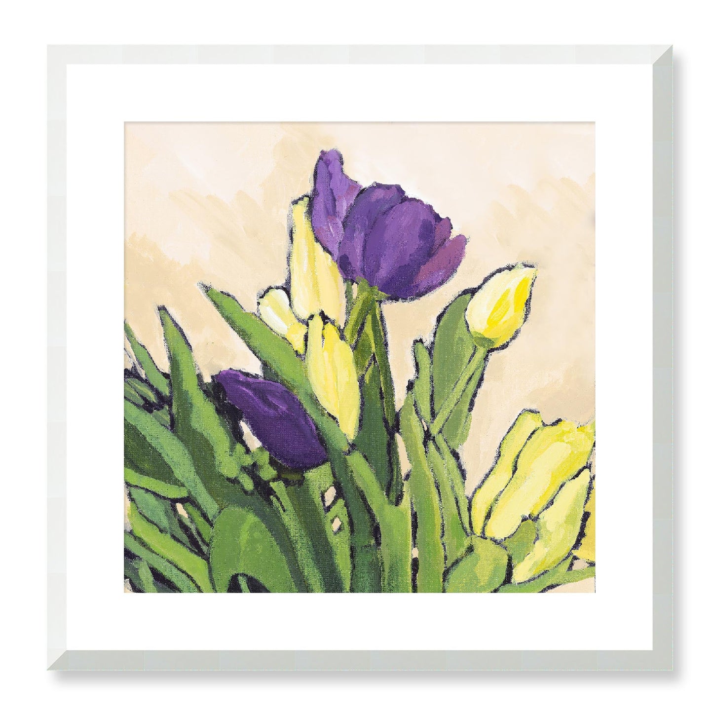 Framed Fine Art Print, White Mat - 12x12 16x16 20x20 24x24 28x28 32x32 36x36 40x40 inches | Purple & Yellow Tulips in Acrylic, FPS-1060-002, Prints, Fine art, White Frame, 51 x 51 cm ,20 x 20 inches
