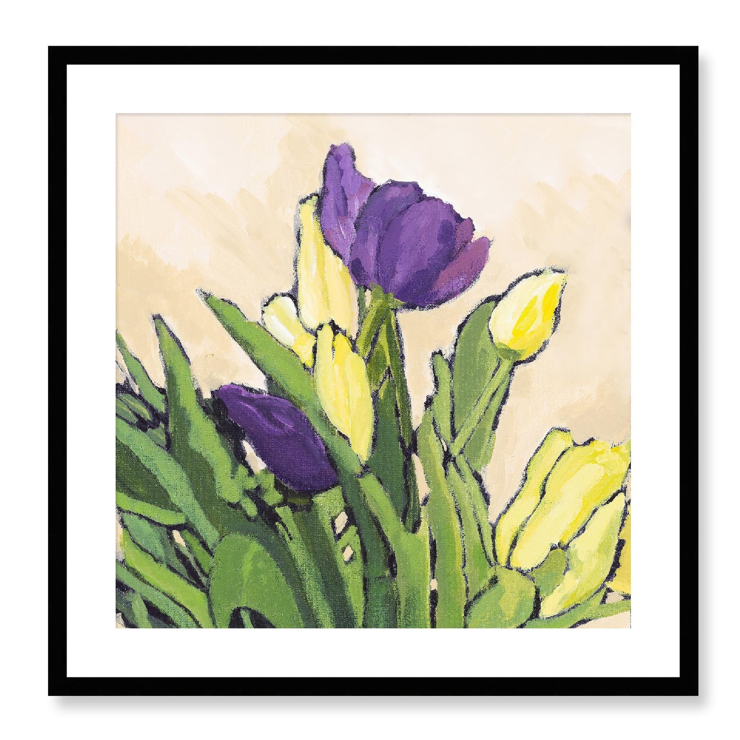 Framed Fine Art Print, White Mat - 12x12 16x16 20x20 24x24 28x28 32x32 36x36 40x40 inches | Purple & Yellow Tulips in Acrylic, FPS-1060-002, Prints, Fine art, Black Frame, 61 x 61 cm ,24 x 24 inches