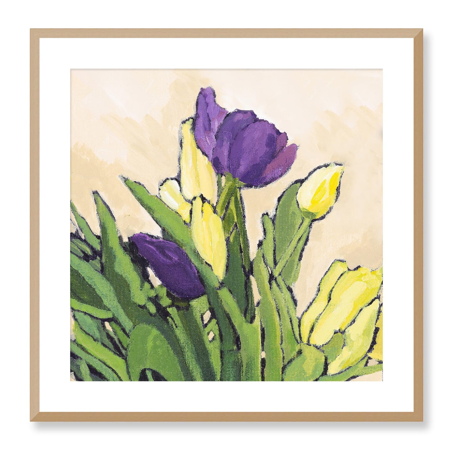 Framed Fine Art Print, White Mat - 12x12 16x16 20x20 24x24 28x28 32x32 36x36 40x40 inches | Purple & Yellow Tulips in Acrylic, FPS-1060-002, Prints, Fine art, Natural Frame, 61 x 61 cm ,24 x 24 inches