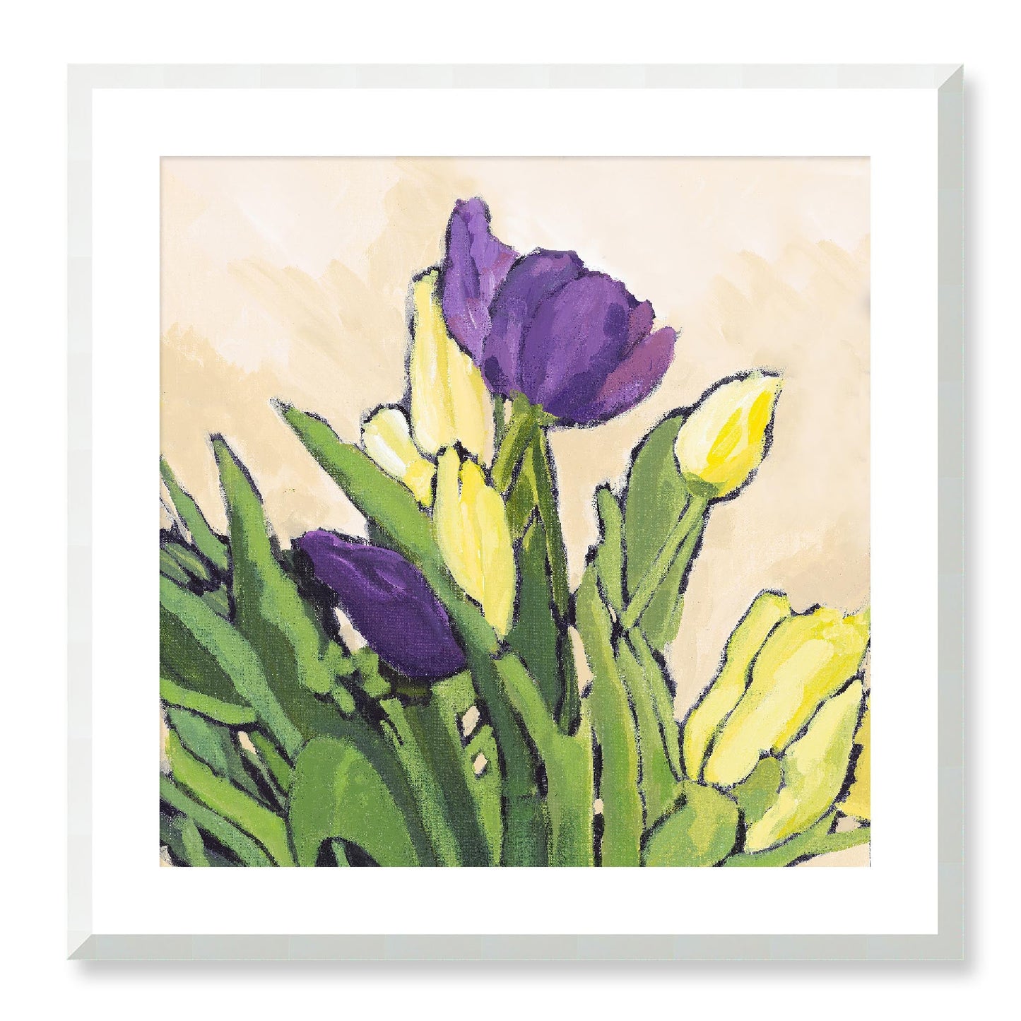 Framed Fine Art Print, White Mat - 12x12 16x16 20x20 24x24 28x28 32x32 36x36 40x40 inches | Purple & Yellow Tulips in Acrylic, FPS-1060-002, Prints, Fine art, White Frame, 61 x 61 cm ,24 x 24 inches