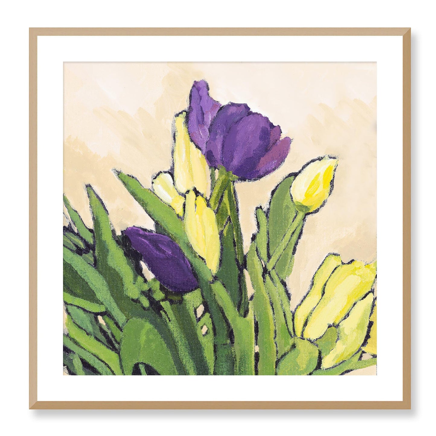 Framed Fine Art Print, White Mat - 12x12 16x16 20x20 24x24 28x28 32x32 36x36 40x40 inches | Purple & Yellow Tulips in Acrylic, FPS-1060-002, Prints, Fine art, Natural Frame, 71 x 71 cm ,28 x 28 inches