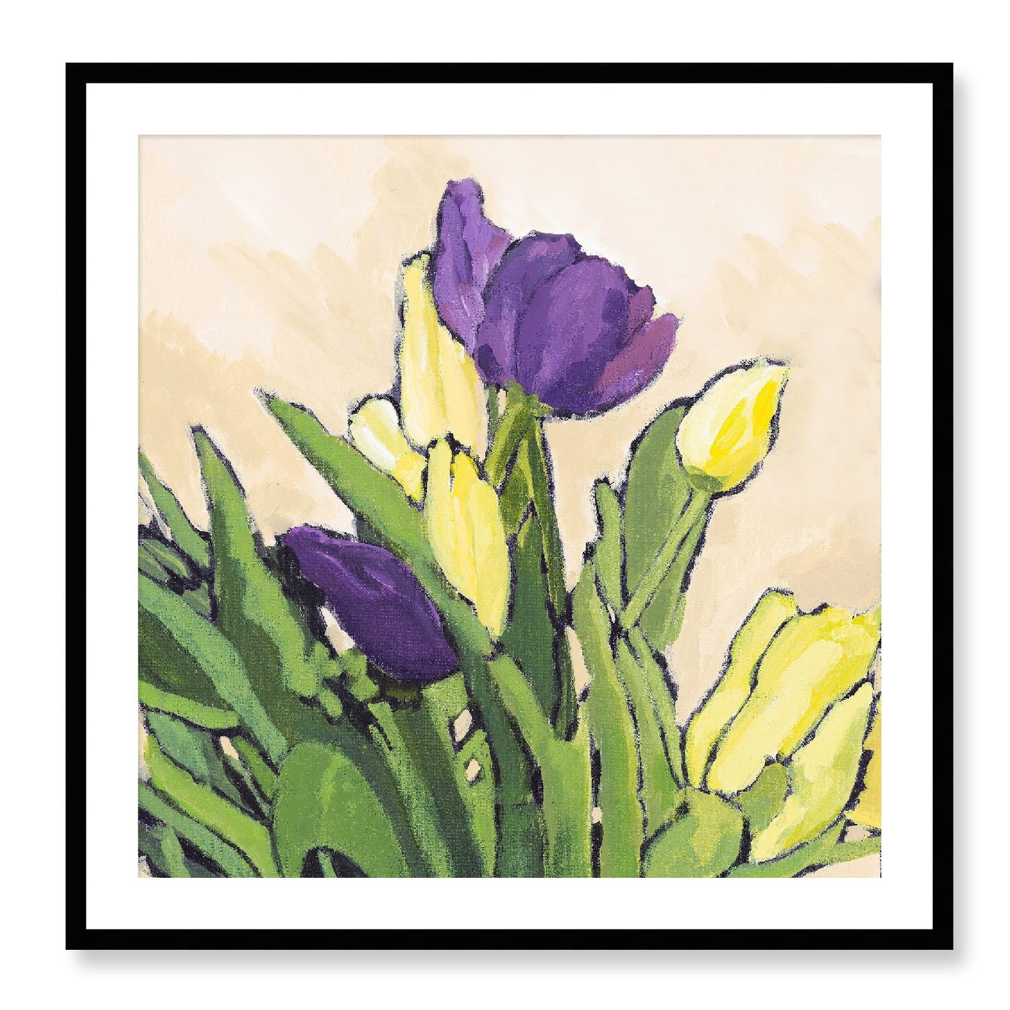 Framed Fine Art Print, White Mat - 12x12 16x16 20x20 24x24 28x28 32x32 36x36 40x40 inches | Purple & Yellow Tulips in Acrylic, FPS-1060-002, Prints, Fine art, Black Frame, 81 x 81 cm ,32 x 32 inches