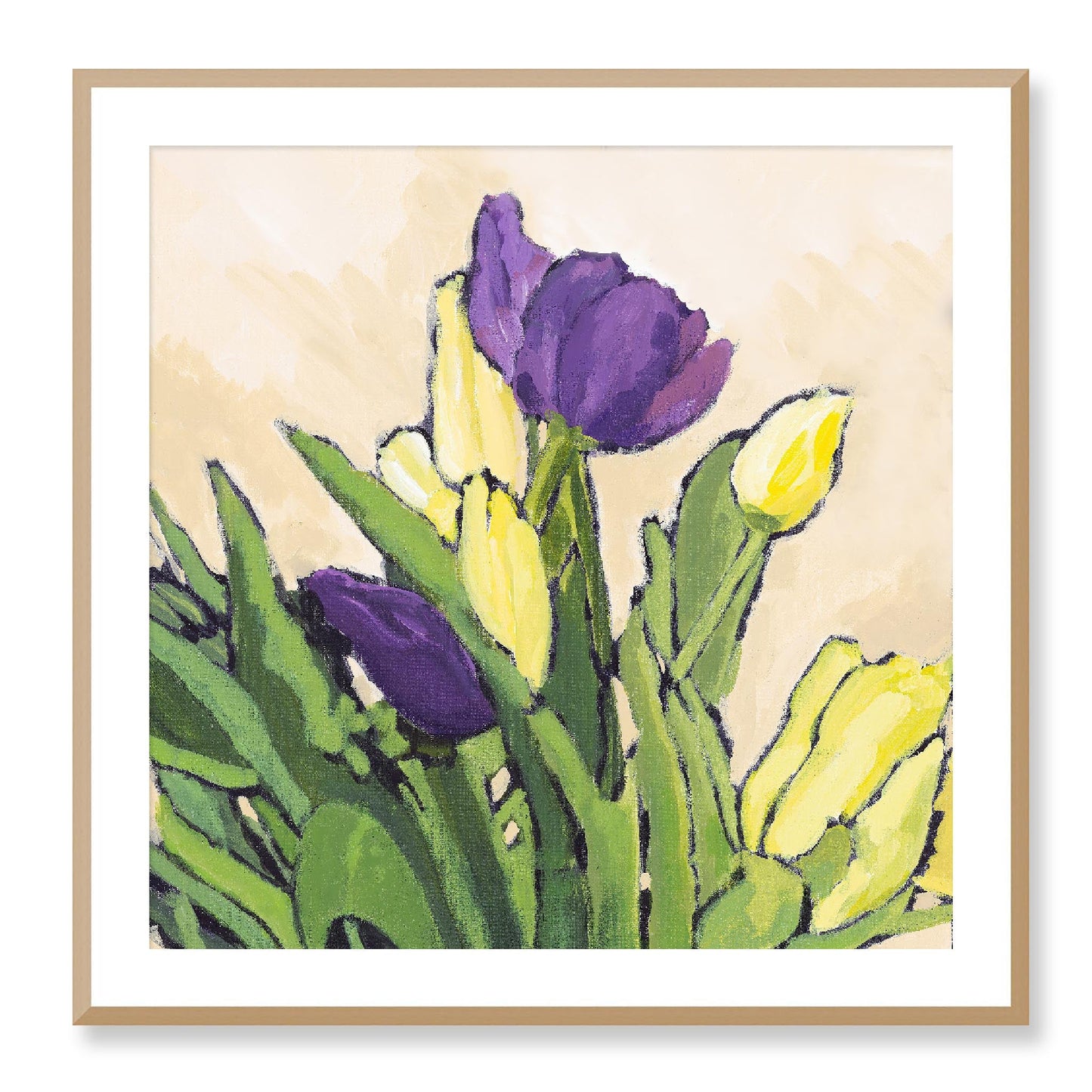 Framed Fine Art Print, White Mat - 12x12 16x16 20x20 24x24 28x28 32x32 36x36 40x40 inches | Purple & Yellow Tulips in Acrylic, FPS-1060-002, Prints, Fine art, Natural Frame, 81 x 81 cm ,32 x 32 inches