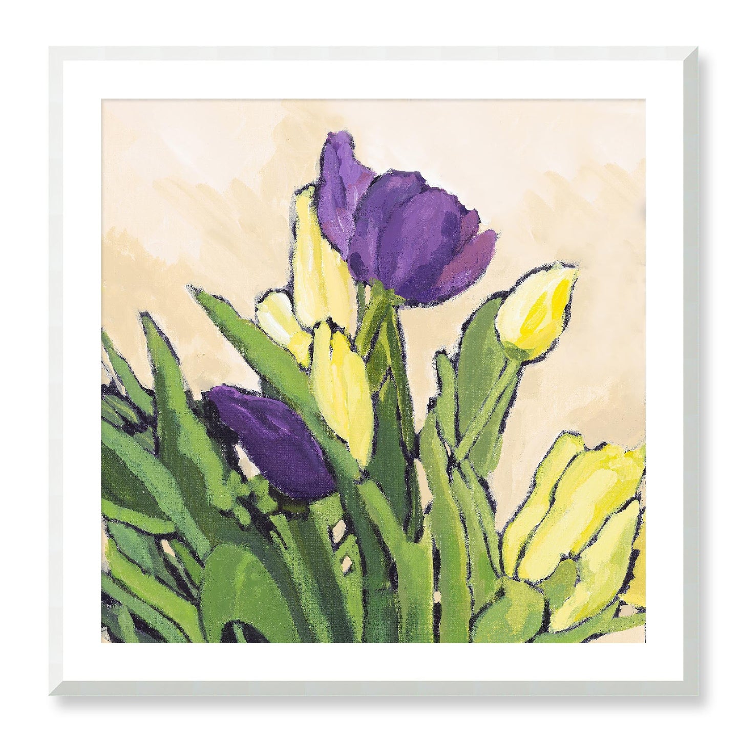 Framed Fine Art Print, White Mat - 12x12 16x16 20x20 24x24 28x28 32x32 36x36 40x40 inches | Purple & Yellow Tulips in Acrylic, FPS-1060-002, Prints, Fine art, White Frame, 81 x 81 cm ,32 x 32 inches