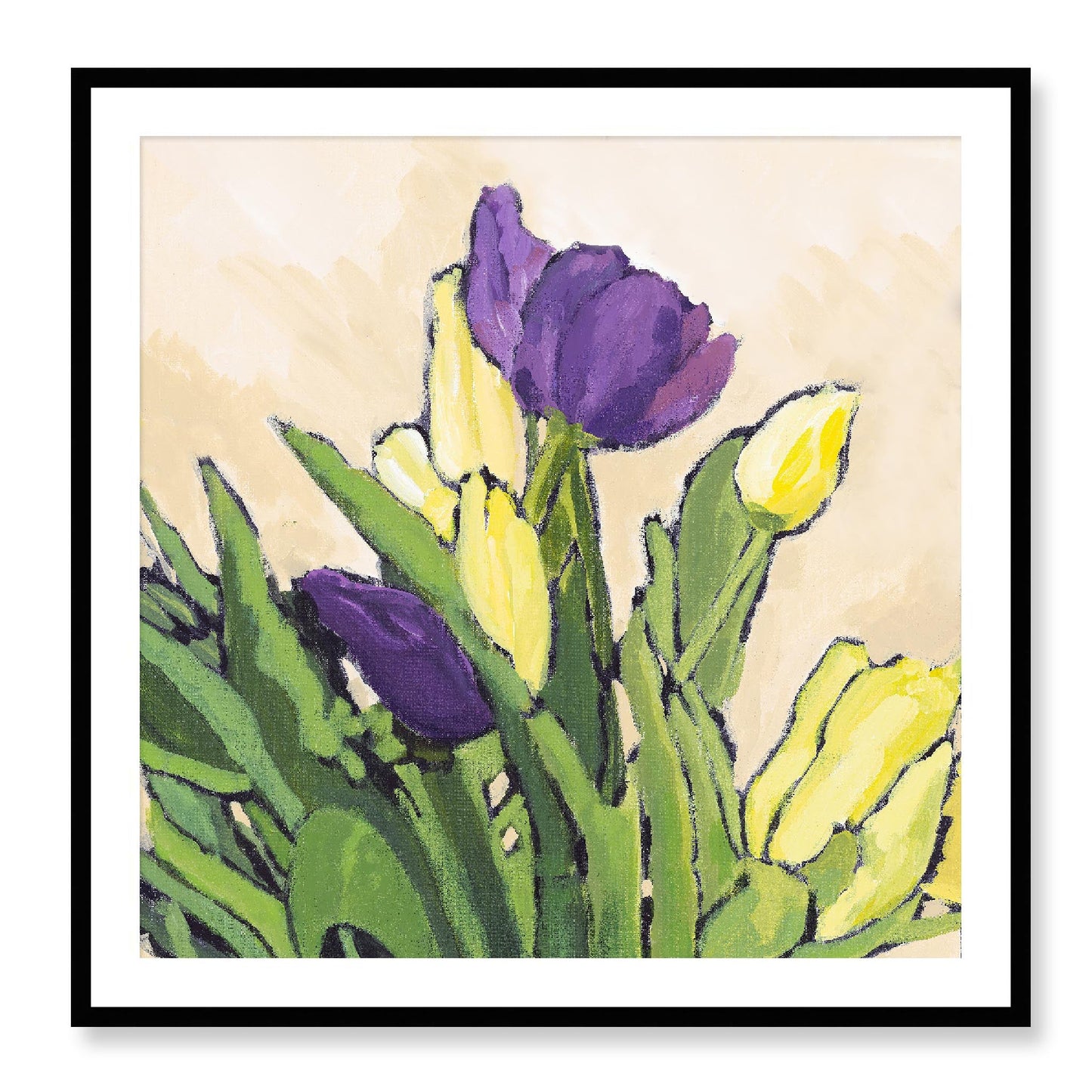 Framed Fine Art Print, White Mat - 12x12 16x16 20x20 24x24 28x28 32x32 36x36 40x40 inches | Purple & Yellow Tulips in Acrylic, FPS-1060-002, Prints, Fine art, Black Frame, 91 x 91 cm ,36 x 36 inches