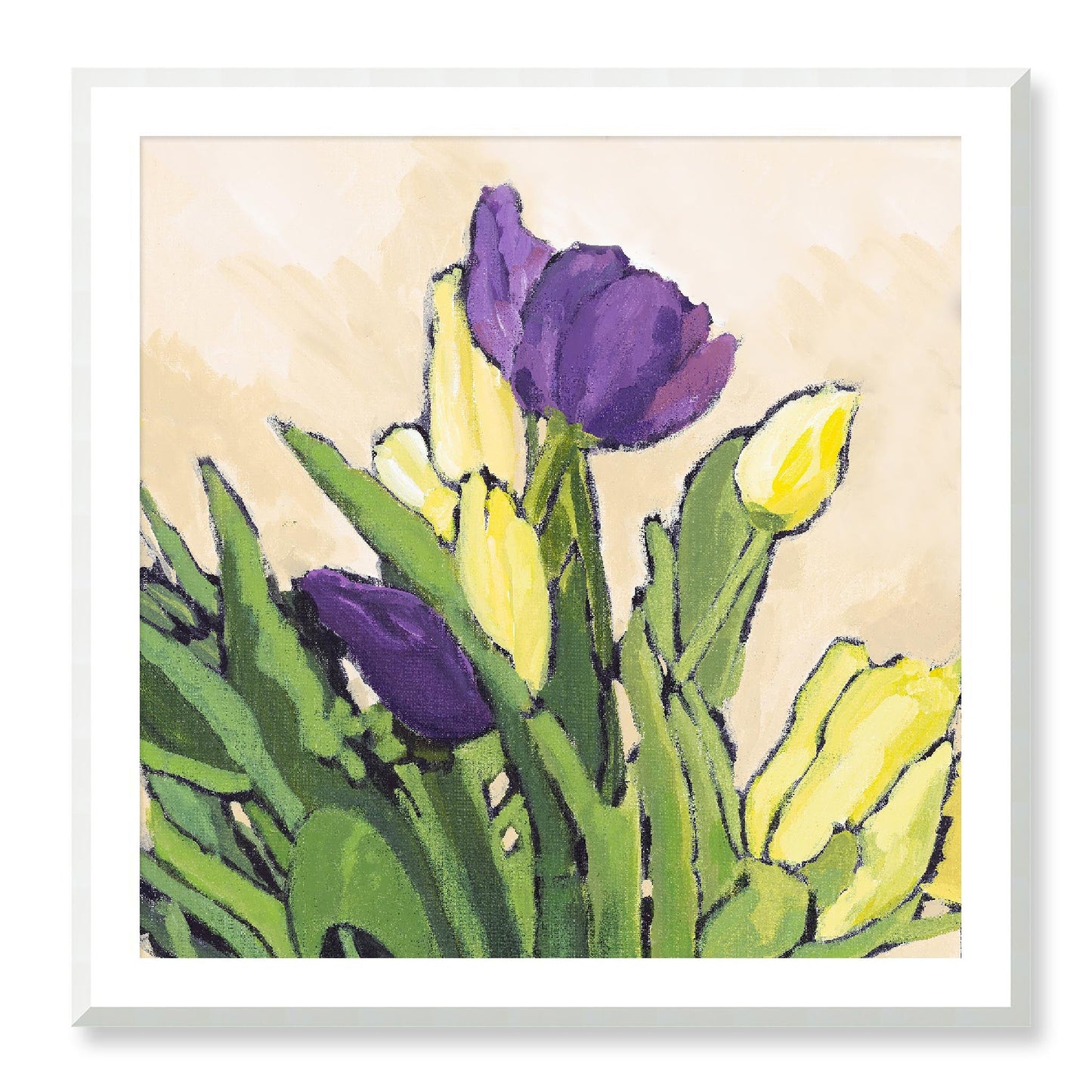 Framed Fine Art Print, White Mat - 12x12 16x16 20x20 24x24 28x28 32x32 36x36 40x40 inches | Purple & Yellow Tulips in Acrylic, FPS-1060-002, Prints, Fine art, Natural Frame, 91 x 91 cm ,36 x 36 inches