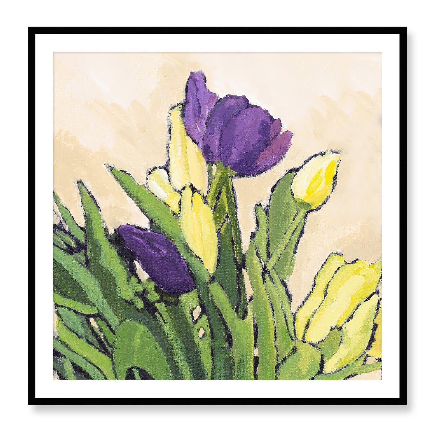 Framed Fine Art Print, White Mat - 12x12 16x16 20x20 24x24 28x28 32x32 36x36 40x40 inches | Purple & Yellow Tulips in Acrylic, FPS-1060-002, Prints, Fine art, Black Frame, 102 x 102 cm ,40 x 40 inches