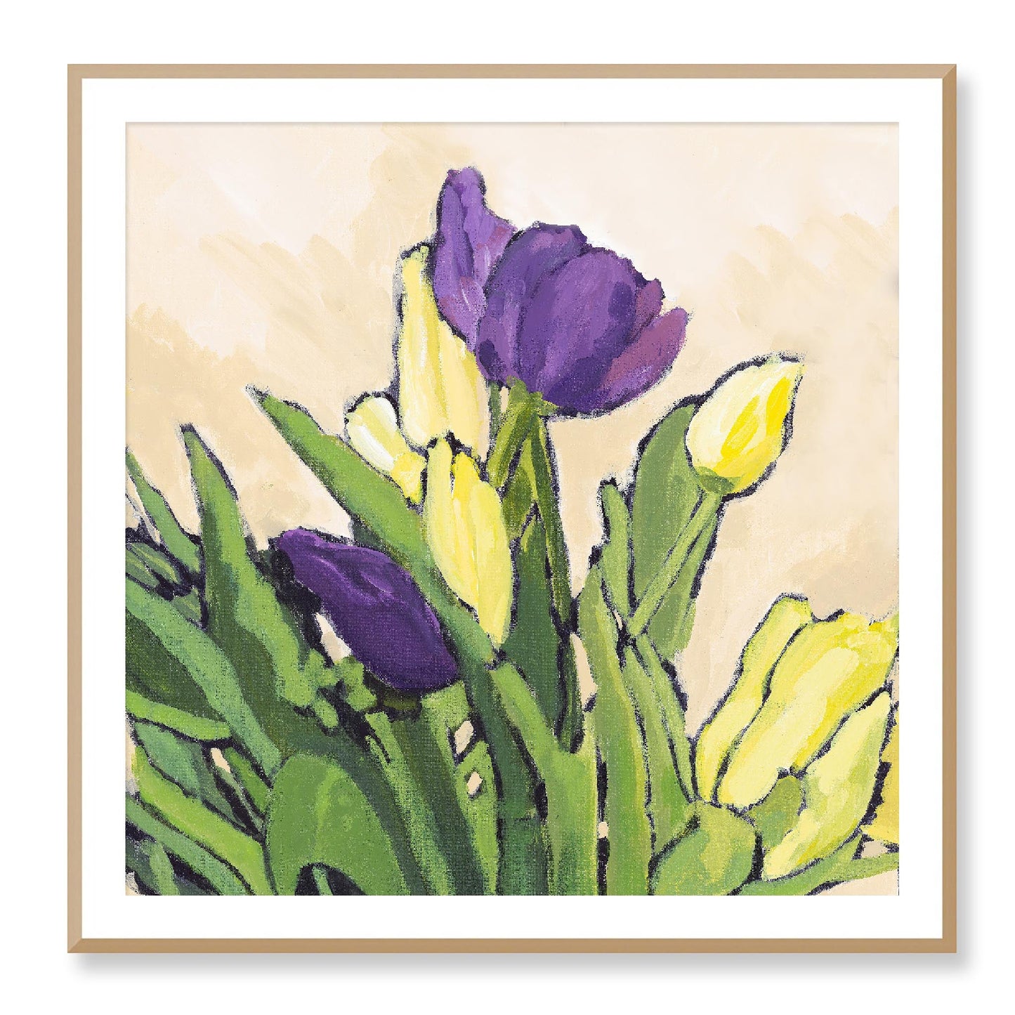 Framed Fine Art Print, White Mat - 12x12 16x16 20x20 24x24 28x28 32x32 36x36 40x40 inches | Purple & Yellow Tulips in Acrylic, FPS-1060-002, Prints, Fine art, White Frame, 102 x 102 cm ,40 x 40 inches