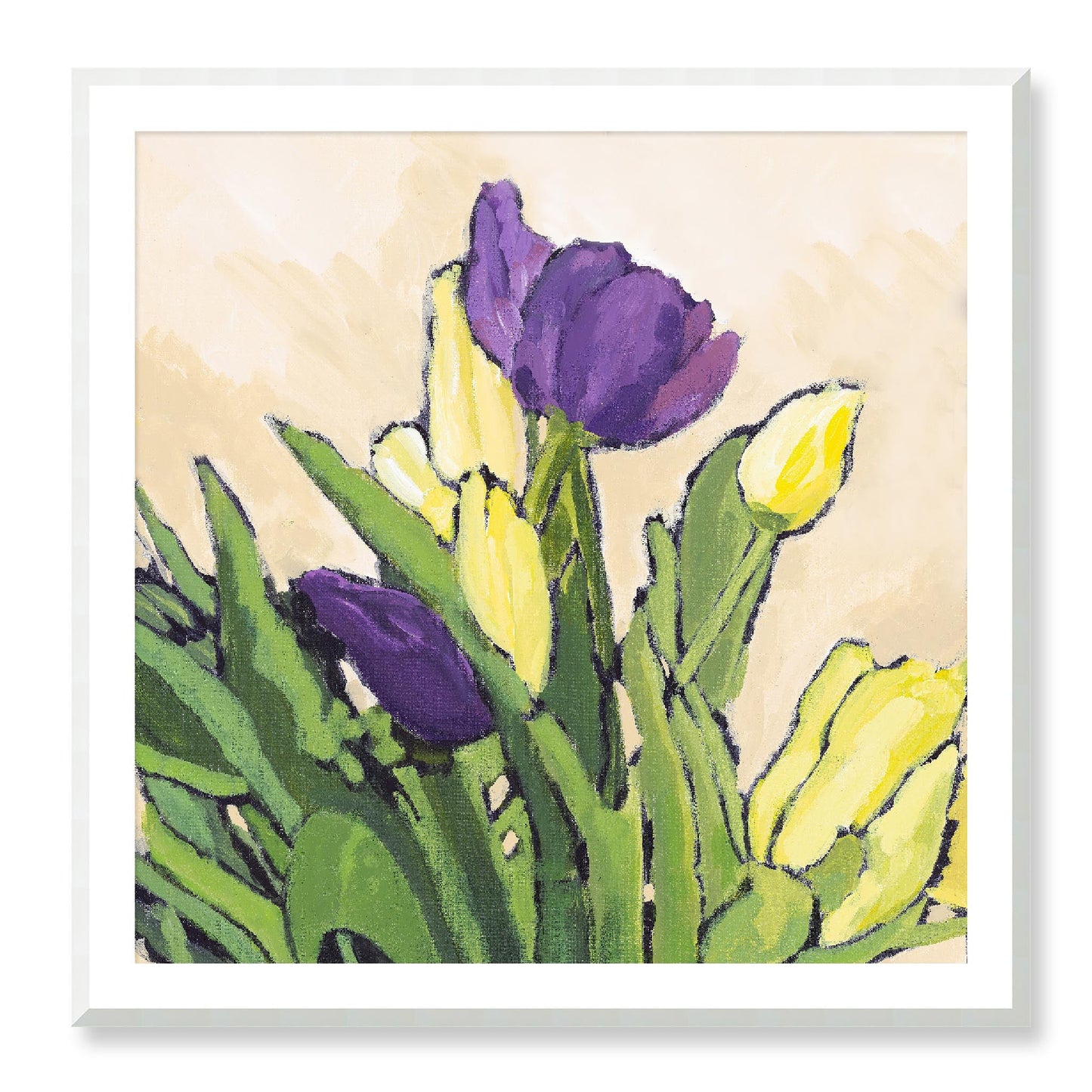 Framed Fine Art Print, White Mat - 12x12 16x16 20x20 24x24 28x28 32x32 36x36 40x40 inches | Purple & Yellow Tulips in Acrylic, FPS-1060-002, Prints, Fine art, Natural Frame, 102 x 102 cm ,40 x 40 inches