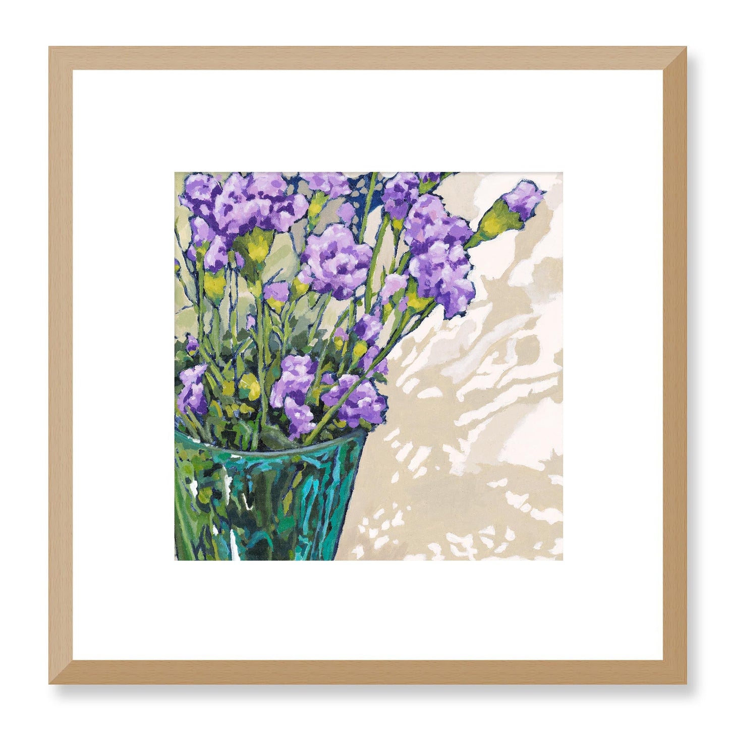 Framed Fine Art Print, White Mat - 12x12 16x16 20x20 24x24 28x28 32x32 36x36 40x40 inches | Mauve Carnations in Acrylic, FPS-1070, Prints, Fine art, Natural Frame, 30 x 30 cm ,12 x 12 inches