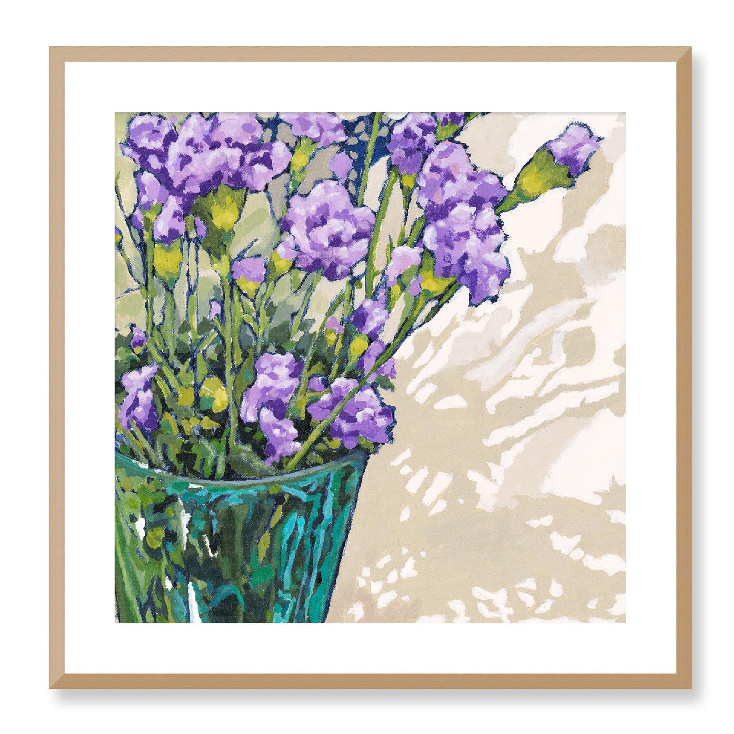 Framed Fine Art Print, White Mat - 12x12 16x16 20x20 24x24 28x28 32x32 36x36 40x40 inches | Mauve Carnations in Acrylic, FPS-1070, Prints, Fine art, Natural Frame, 61 x 61 cm ,24 x 24 inches