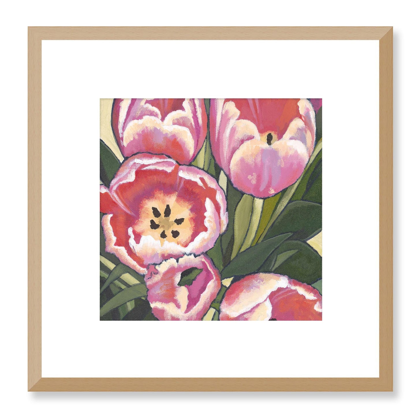 Framed Fine Art Print - 12x12 16x16 20x20 24x24 28x28 32x32 36x36 40x40 inches | Pink Tulips in Acrylic, FPS-1080, Prints, Fine art, Natural Frame, 30 x 30 cm ,12 x 12 inches