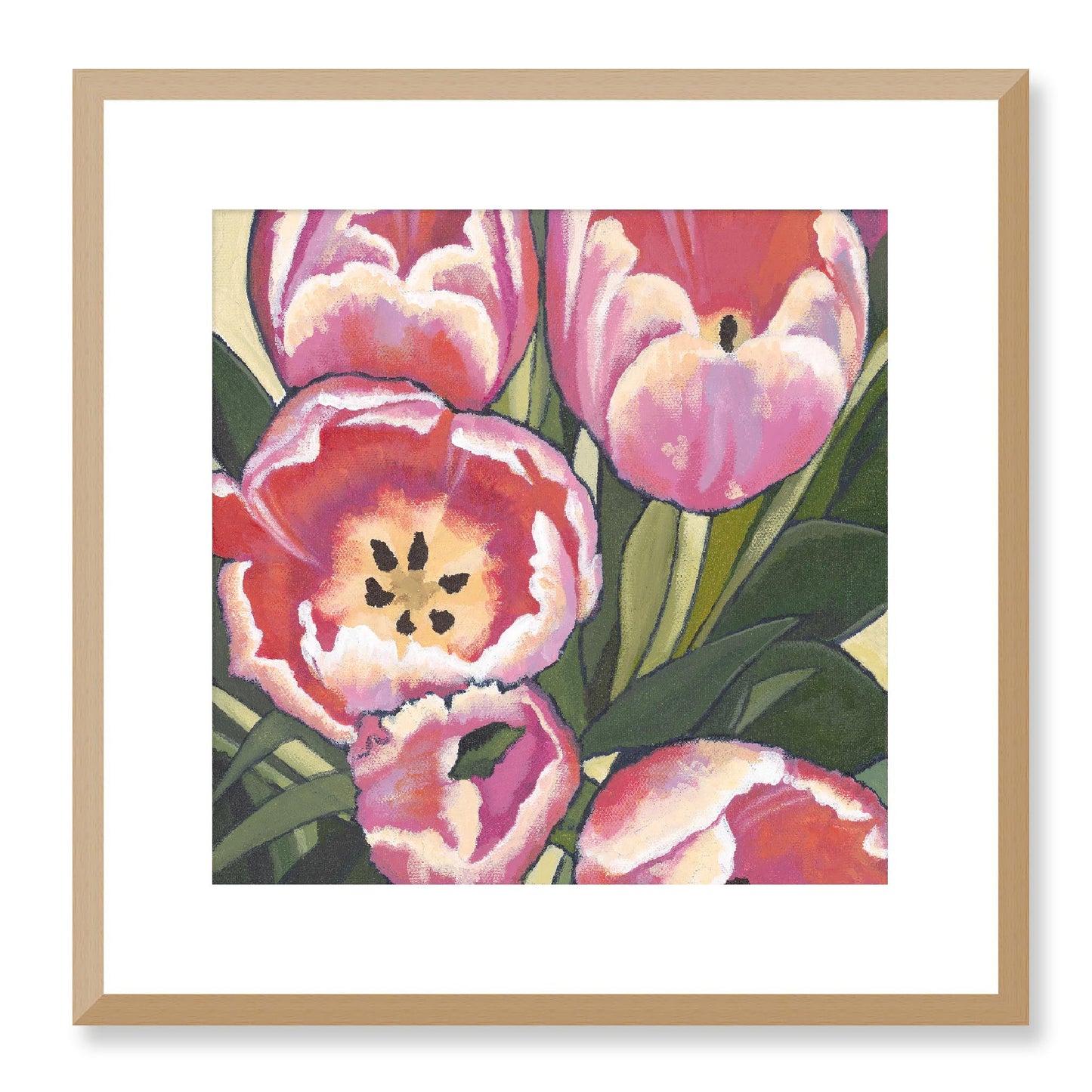 Framed Fine Art Print - 12x12 16x16 20x20 24x24 28x28 32x32 36x36 40x40 inches | Pink Tulips in Acrylic, FPS-1080, Prints, Fine art, Natural Frame, 41 x 41 cm ,16 x 16 inches