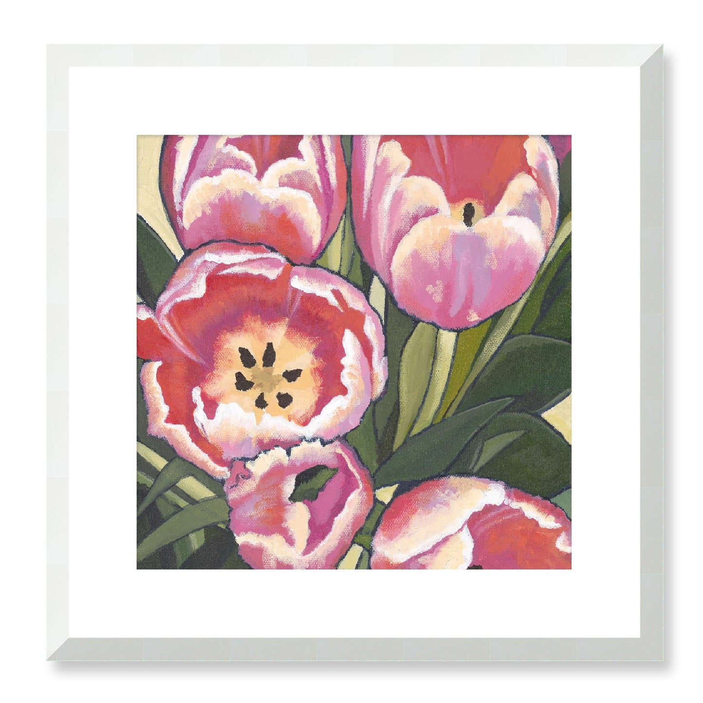 Framed Fine Art Print - 12x12 16x16 20x20 24x24 28x28 32x32 36x36 40x40 inches | Pink Tulips in Acrylic, FPS-1080, Prints, Fine art, White Frame, 41 x 41 cm ,16 x 16 inches