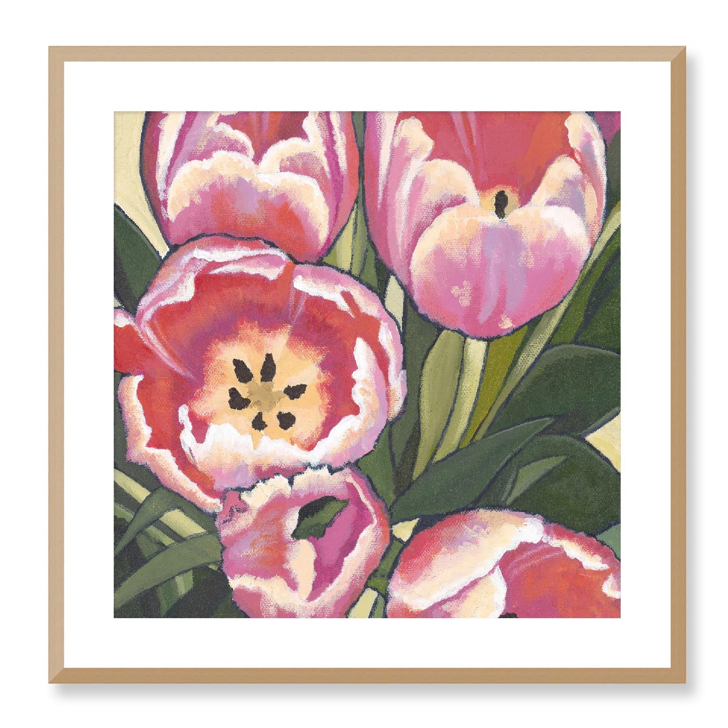 Framed Fine Art Print - 12x12 16x16 20x20 24x24 28x28 32x32 36x36 40x40 inches | Pink Tulips in Acrylic, FPS-1080, Prints, Fine art, Natural Frame, 61 x 61 cm ,24 x 24 inches