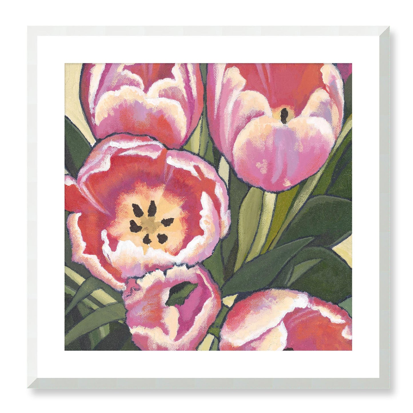 Framed Fine Art Print - 12x12 16x16 20x20 24x24 28x28 32x32 36x36 40x40 inches | Pink Tulips in Acrylic, FPS-1080, Prints, Fine art, White Frame, 61 x 61 cm ,24 x 24 inches