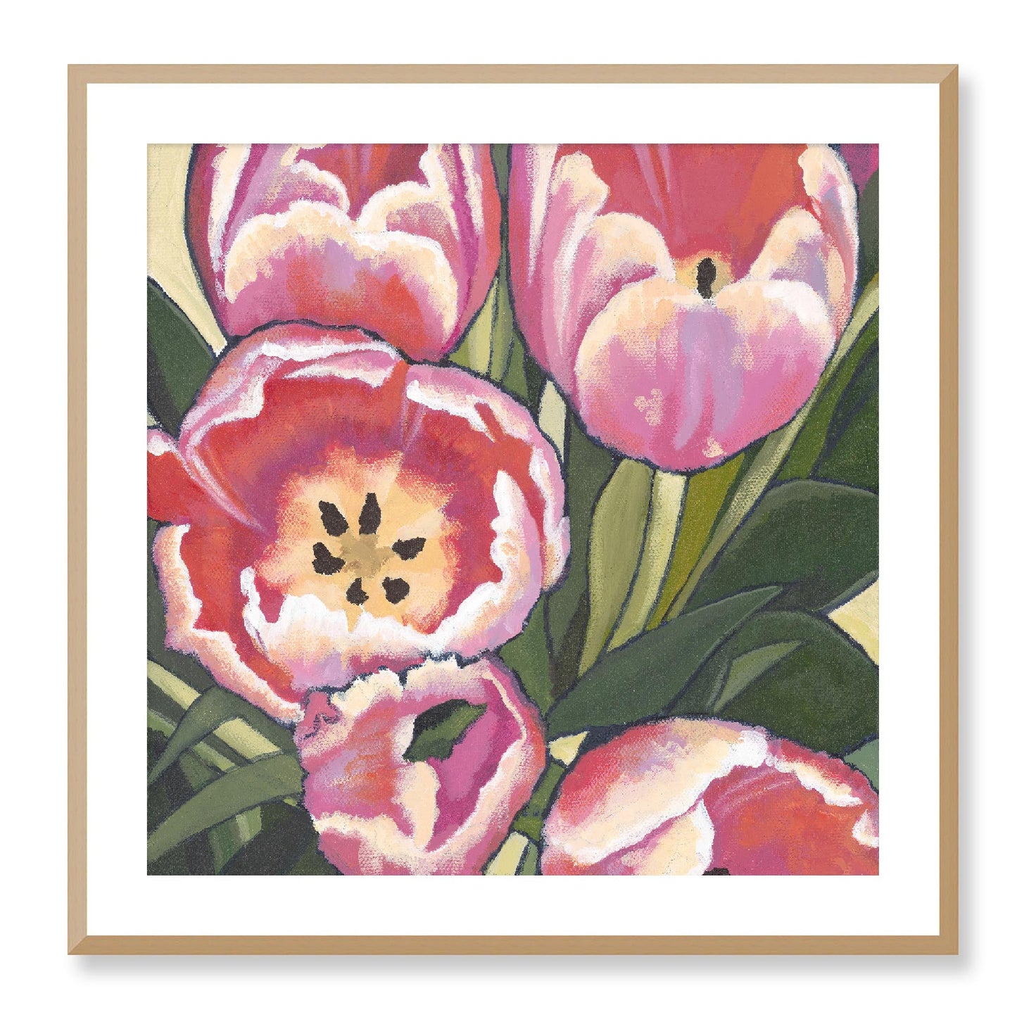 Framed Fine Art Print - 12x12 16x16 20x20 24x24 28x28 32x32 36x36 40x40 inches | Pink Tulips in Acrylic, FPS-1080, Prints, Fine art, Natural Frame, 71 x 71 cm ,28 x 28 inches