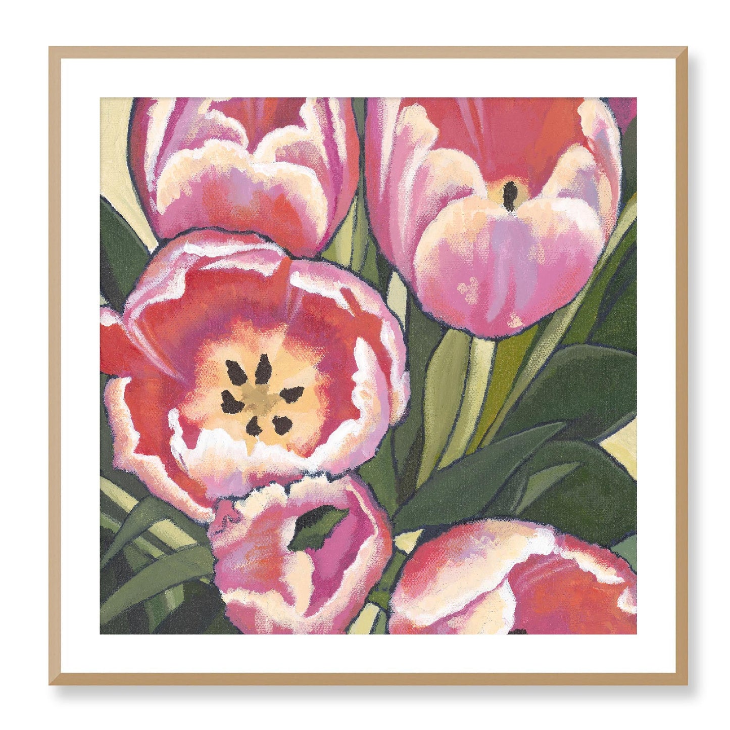 Framed Fine Art Print - 12x12 16x16 20x20 24x24 28x28 32x32 36x36 40x40 inches | Pink Tulips in Acrylic, FPS-1080, Prints, Fine art, Natural Frame, 81 x 81 cm ,32 x 32 inches
