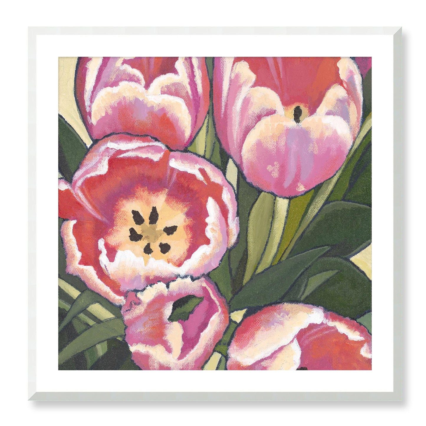 Framed Fine Art Print - 12x12 16x16 20x20 24x24 28x28 32x32 36x36 40x40 inches | Pink Tulips in Acrylic, FPS-1080, Prints, Fine art, White Frame, 81 x 81 cm ,32 x 32 inches
