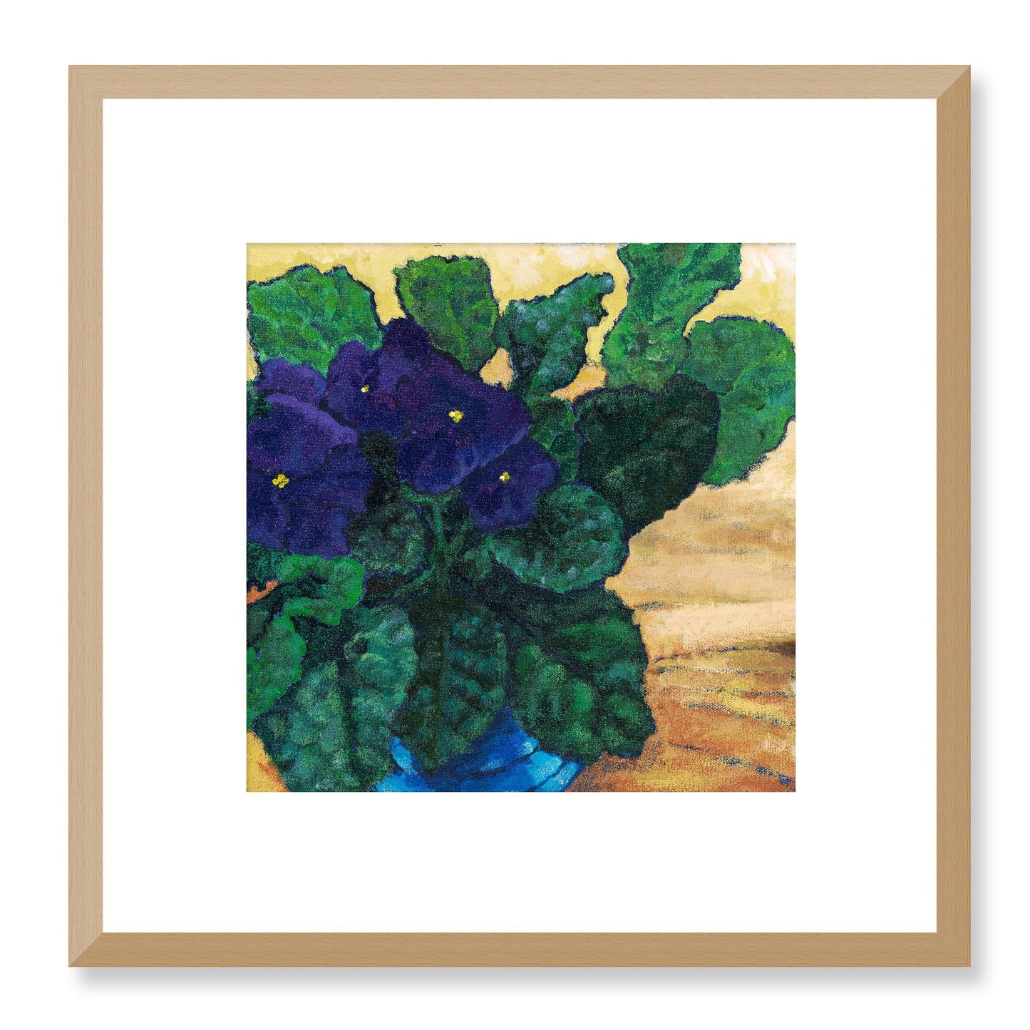 Framed Fine Art Print, White Mat - 12x12 16x16 20x20 24x24 28x28 32x32 36x36 40x40 inches | African Violets in Acrylic, FPS-1090, Prints, Fine art, Natural Frame, 30 x 30 cm ,12 x 12 inches
