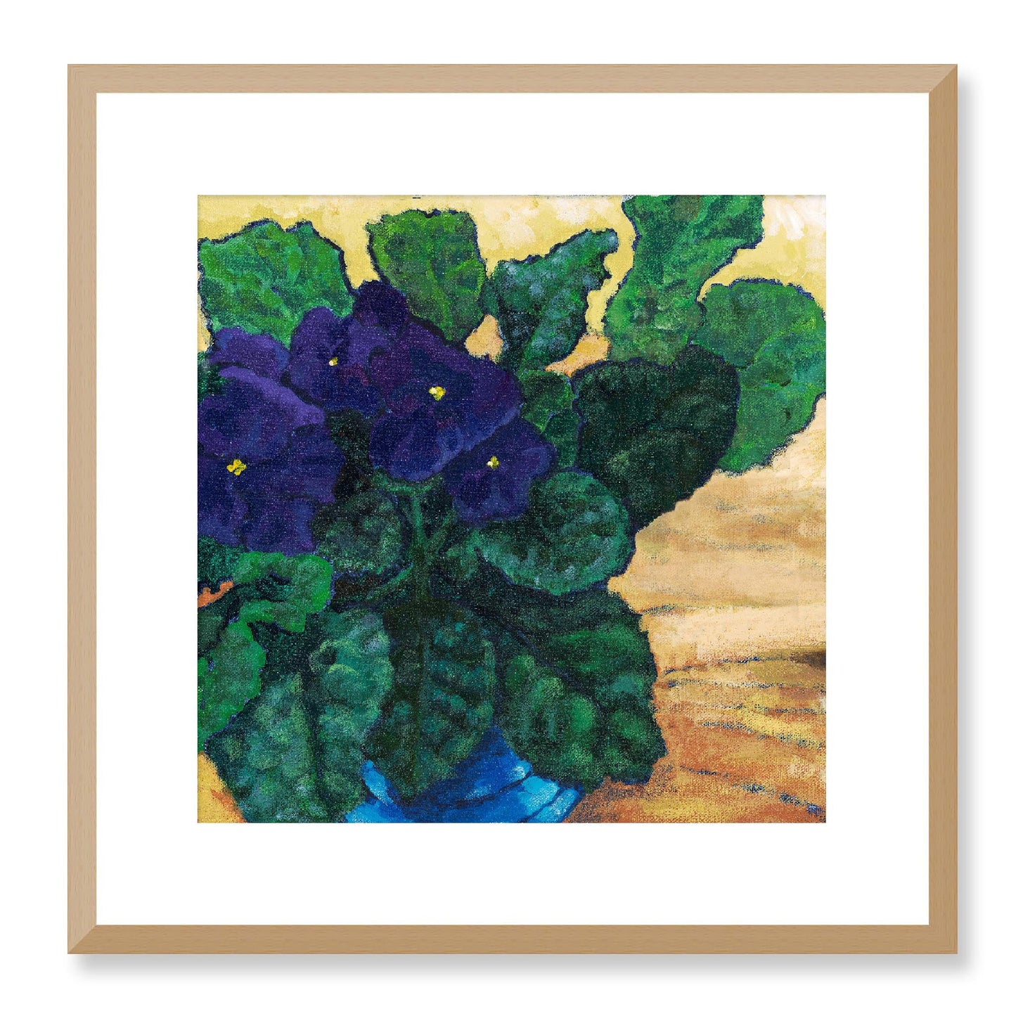 Framed Fine Art Print, White Mat - 12x12 16x16 20x20 24x24 28x28 32x32 36x36 40x40 inches | African Violets in Acrylic, FPS-1090, Prints, Fine art, Natural Frame, 41 x 41 cm ,16 x 16 inches