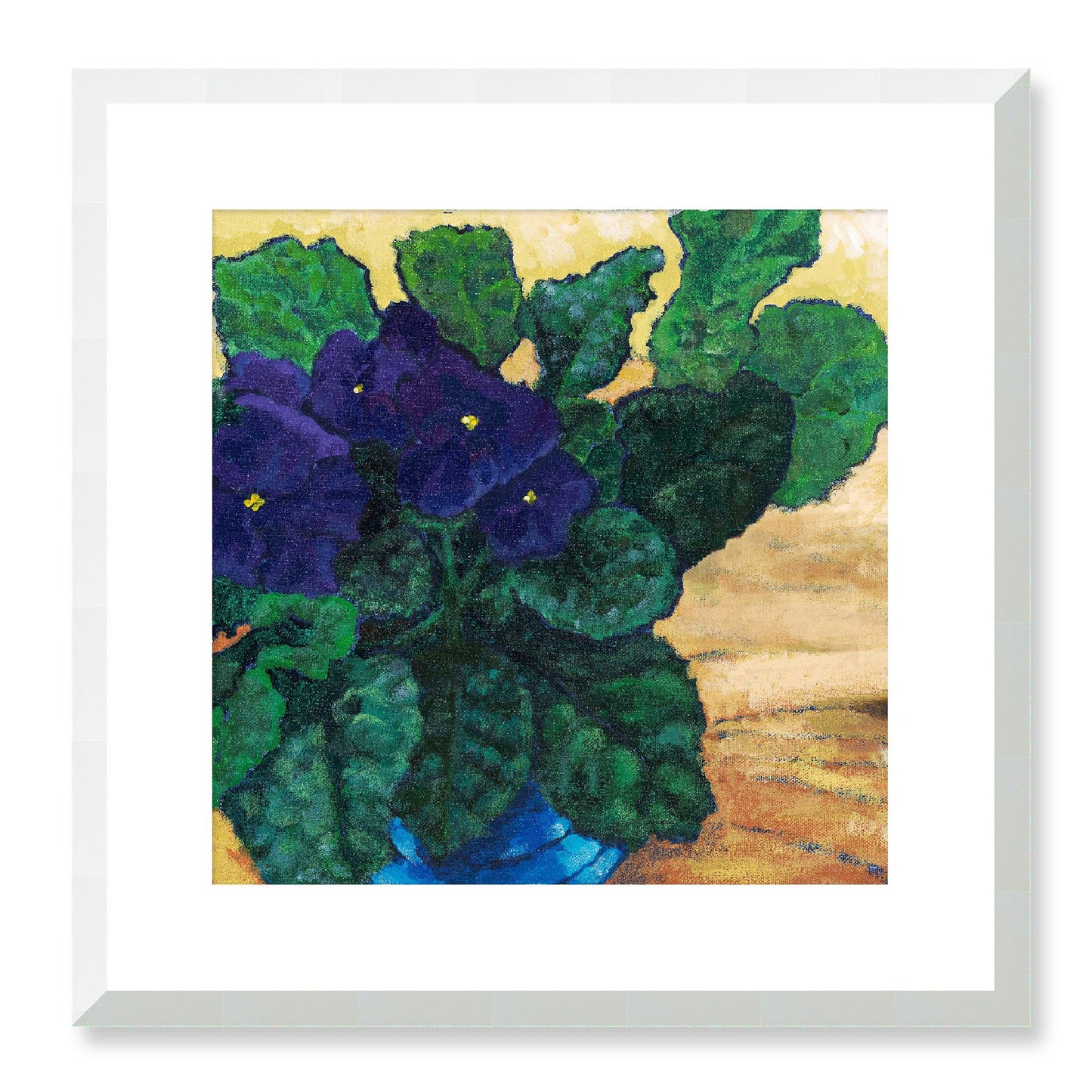 Framed Fine Art Print, White Mat - 12x12 16x16 20x20 24x24 28x28 32x32 36x36 40x40 inches | African Violets in Acrylic, FPS-1090, Prints, Fine art, White Frame, 41 x 41 cm ,16 x 16 inches