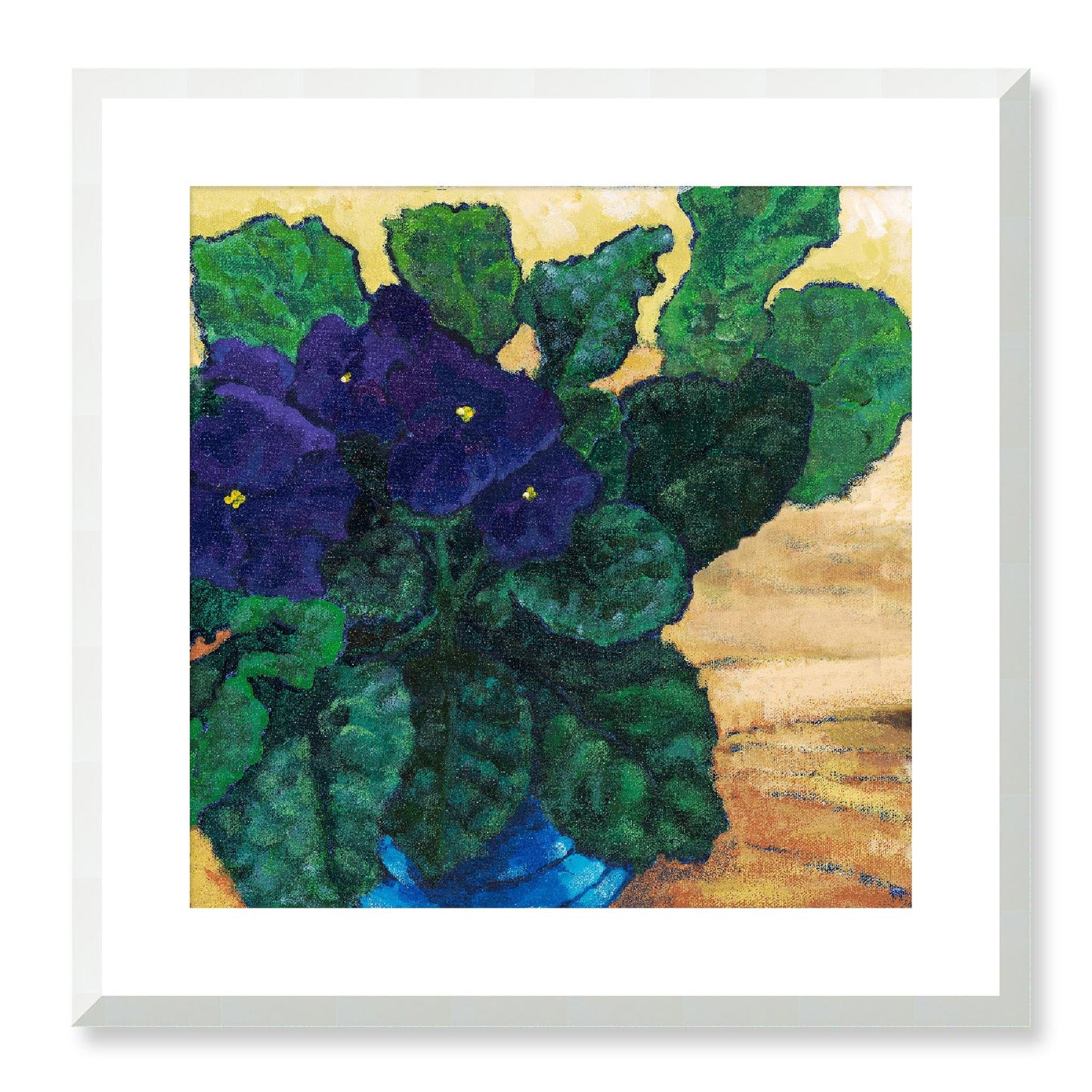 Framed Fine Art Print, White Mat - 12x12 16x16 20x20 24x24 28x28 32x32 36x36 40x40 inches | African Violets in Acrylic, FPS-1090, Prints, Fine art, White Frame, 51 x 51 cm ,20 x 20 inches