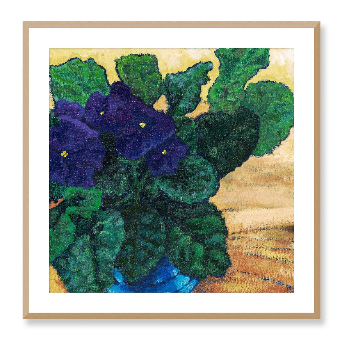Framed Fine Art Print, White Mat - 12x12 16x16 20x20 24x24 28x28 32x32 36x36 40x40 inches | African Violets in Acrylic, FPS-1090, Prints, Fine art, Natural Frame, 71 x 71 cm ,28 x 28 inches