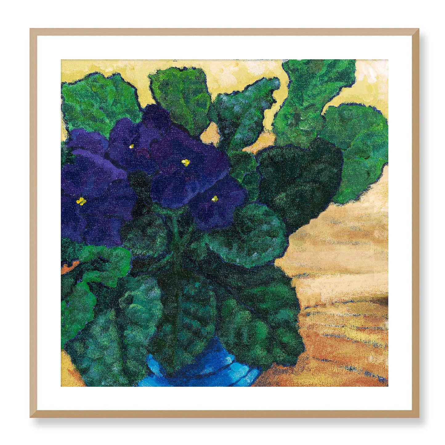 Framed Fine Art Print, White Mat - 12x12 16x16 20x20 24x24 28x28 32x32 36x36 40x40 inches | African Violets in Acrylic, FPS-1090, Prints, Fine art, Natural Frame, 81 x 81 cm ,32 x 32 inches