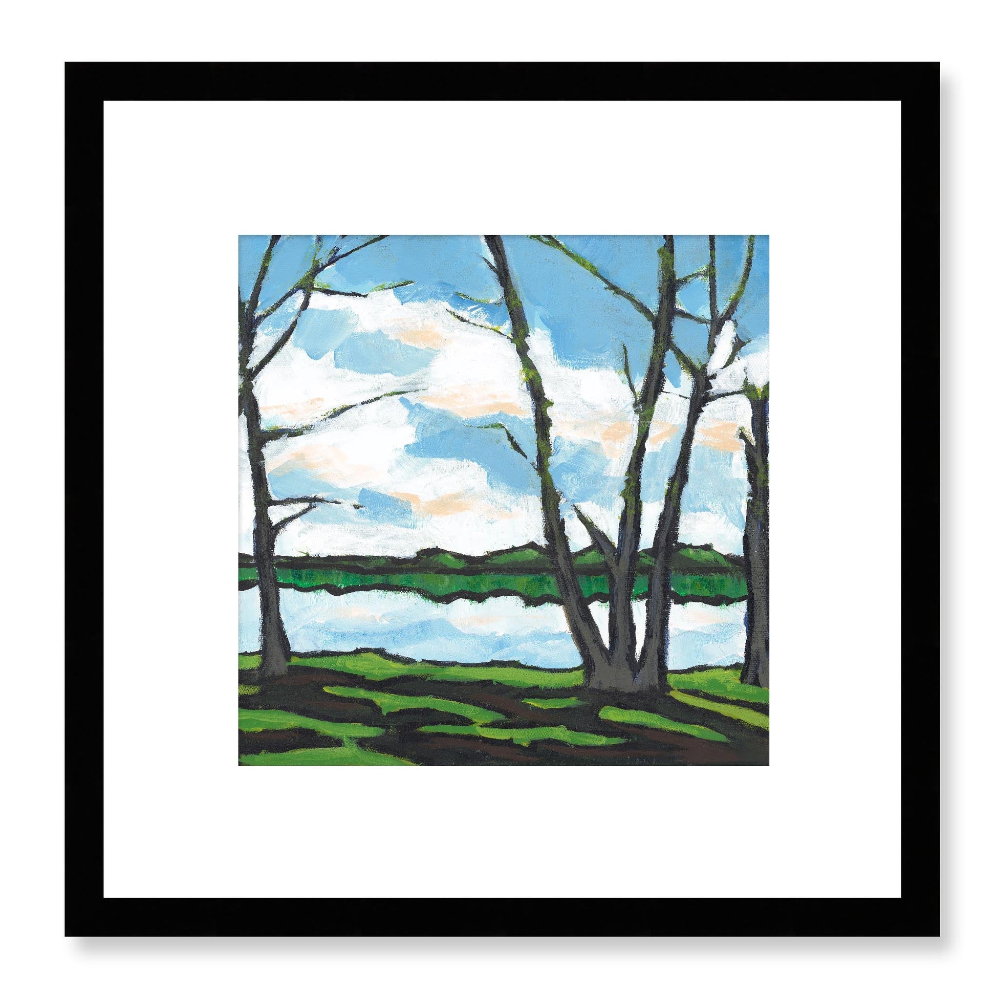 Framed Fine Art Print, White Mat - 12x12 16x16 20x20 24x24 28x28 32x32 36x36 40x40 inches | Lakeshore in Acrylic, FPS-1101, Prints, Fine art, Black Frame, 30 x 30 cm ,12 x 12 inches