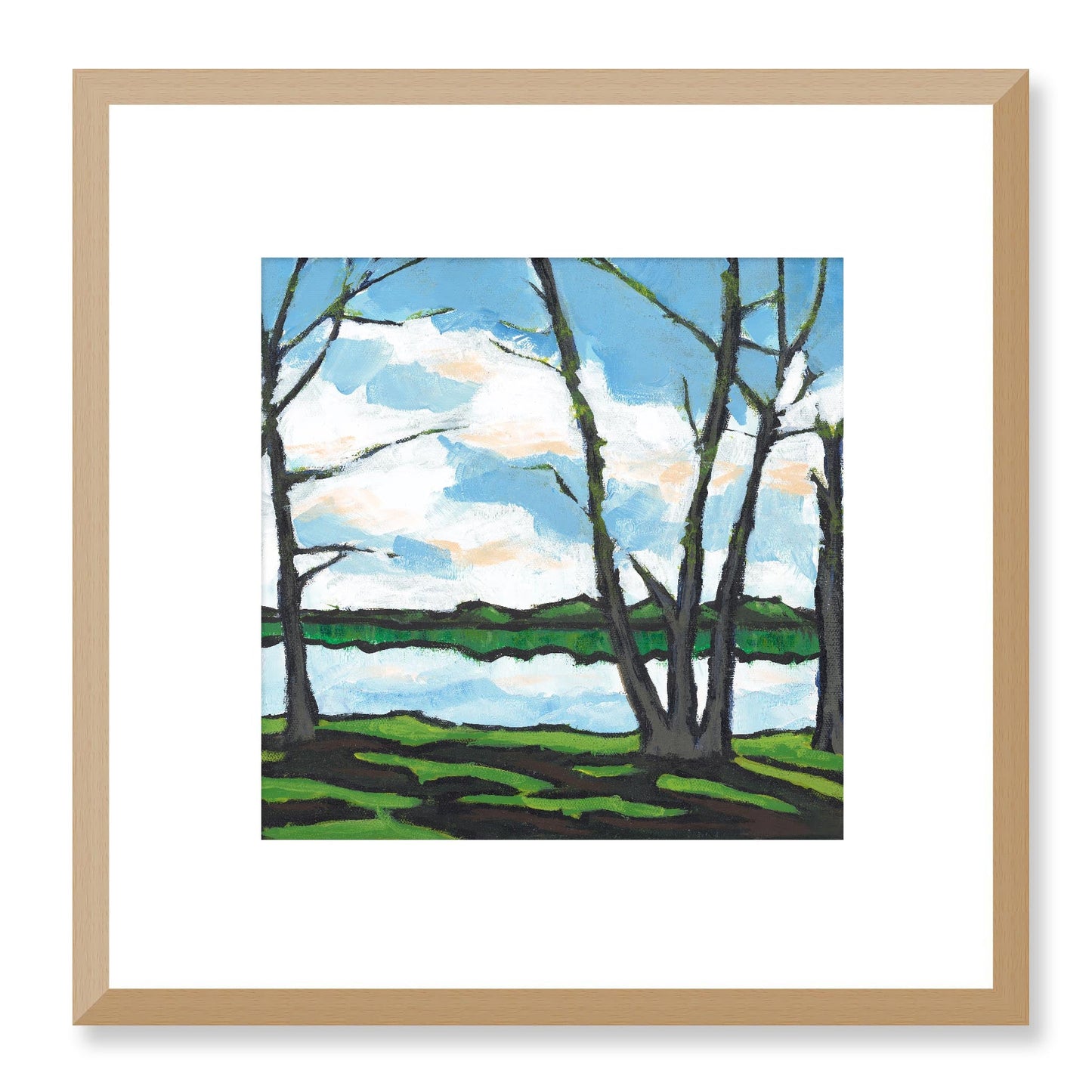 Framed Fine Art Print, White Mat - 12x12 16x16 20x20 24x24 28x28 32x32 36x36 40x40 inches | Lakeshore in Acrylic, FPS-1101, Prints, Fine art, Natural Frame, 30 x 30 cm ,12 x 12 inches