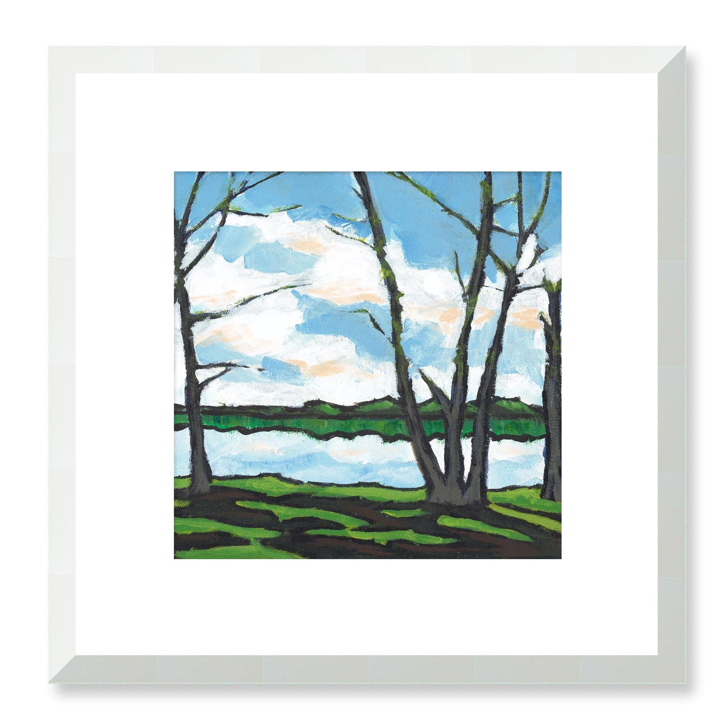 Framed Fine Art Print, White Mat - 12x12 16x16 20x20 24x24 28x28 32x32 36x36 40x40 inches | Lakeshore in Acrylic, FPS-1101, Prints, Fine art, White Frame, 30 x 30 cm ,12 x 12 inches
