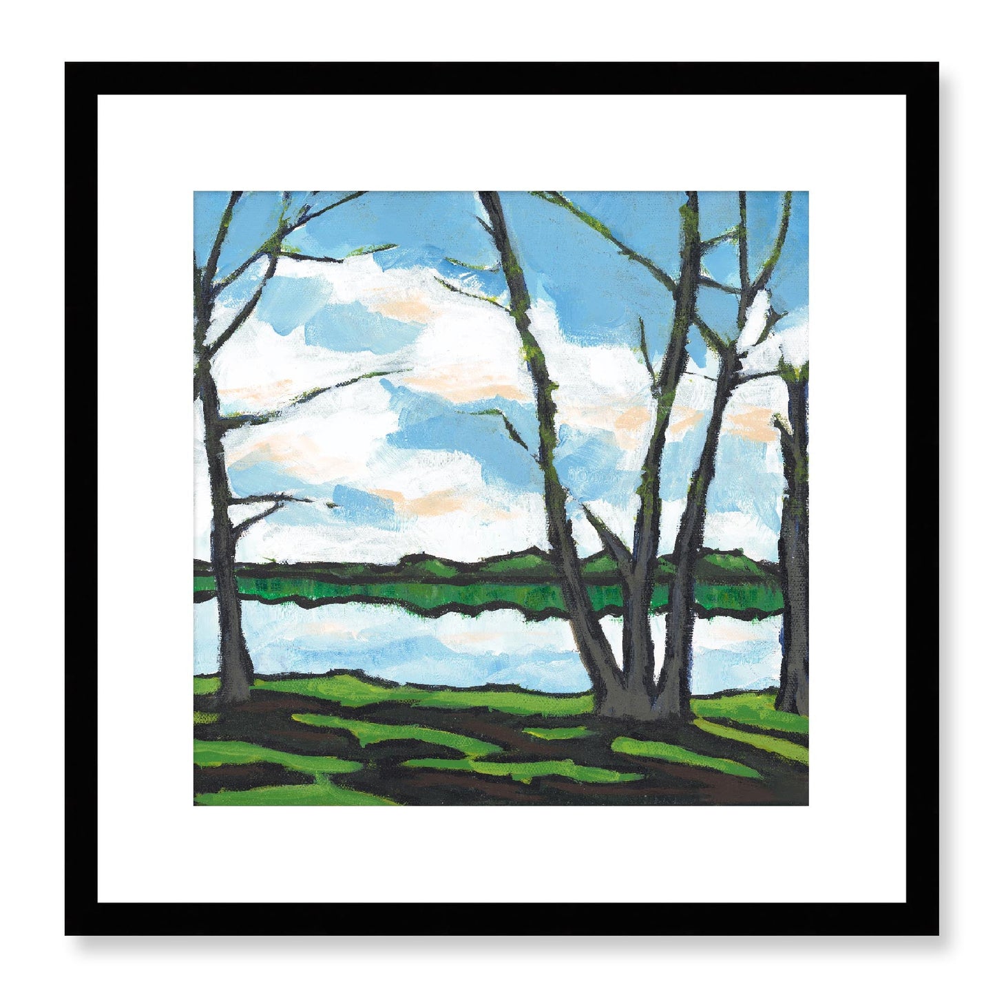 Framed Fine Art Print, White Mat - 12x12 16x16 20x20 24x24 28x28 32x32 36x36 40x40 inches | Lakeshore in Acrylic, FPS-1101, Prints, Fine art, Black Frame, 41 x 41 cm ,16 x 16 inches