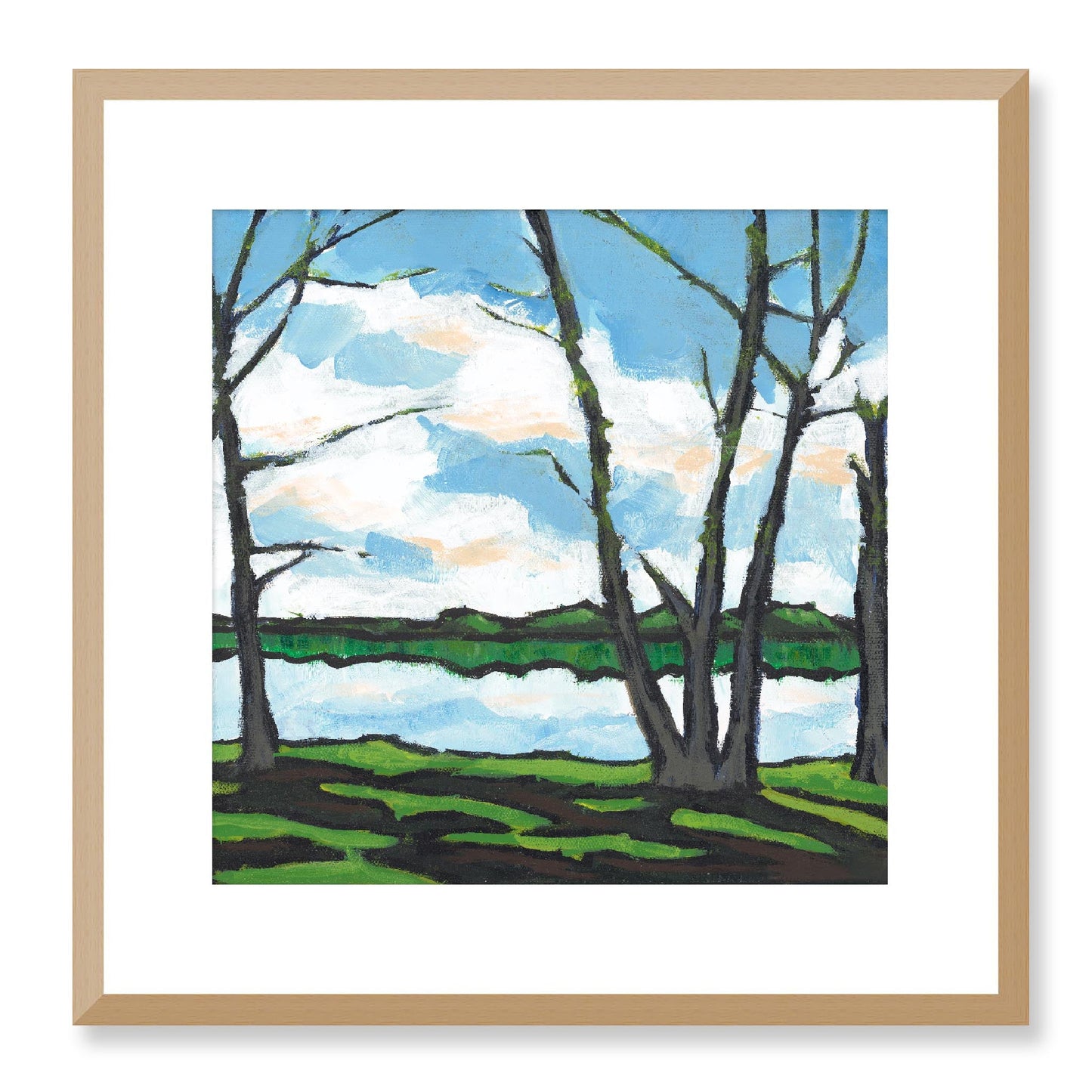 Framed Fine Art Print, White Mat - 12x12 16x16 20x20 24x24 28x28 32x32 36x36 40x40 inches | Lakeshore in Acrylic, FPS-1101, Prints, Fine art, Natural Frame, 41 x 41 cm ,16 x 16 inches