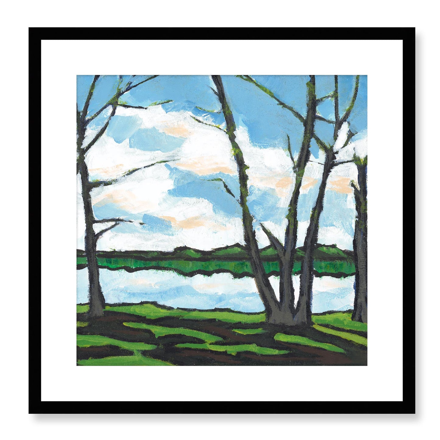 Framed Fine Art Print, White Mat - 12x12 16x16 20x20 24x24 28x28 32x32 36x36 40x40 inches | Lakeshore in Acrylic, FPS-1101, Prints, Fine art, Black Frame, 51 x 51 cm ,20 x 20 inches