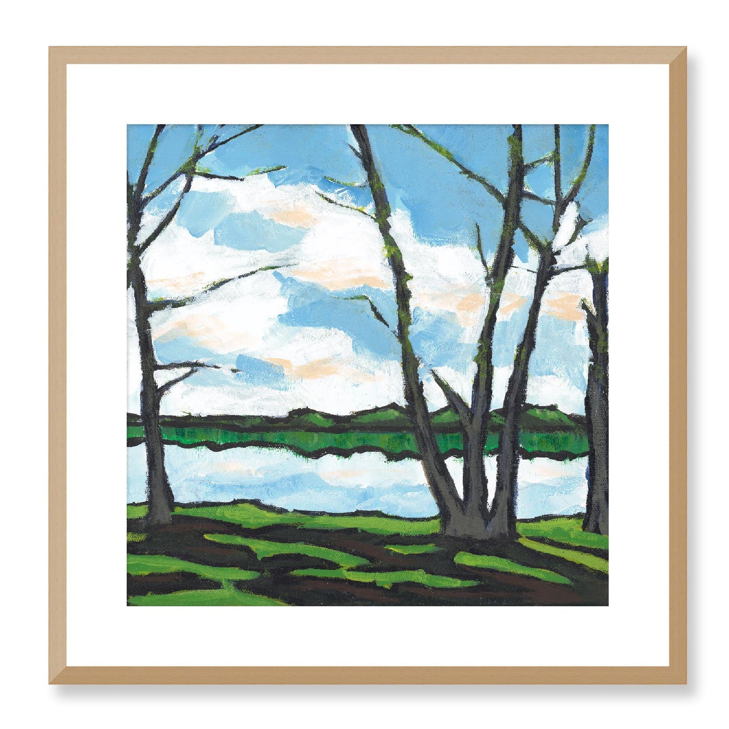 Framed Fine Art Print, White Mat - 12x12 16x16 20x20 24x24 28x28 32x32 36x36 40x40 inches | Lakeshore in Acrylic, FPS-1101, Prints, Fine art, Natural Frame, 51 x 51 cm ,20 x 20 inches