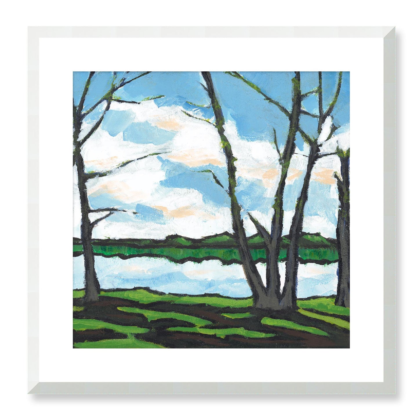 Framed Fine Art Print, White Mat - 12x12 16x16 20x20 24x24 28x28 32x32 36x36 40x40 inches | Lakeshore in Acrylic, FPS-1101, Prints, Fine art, White Frame, 51 x 51 cm ,20 x 20 inches