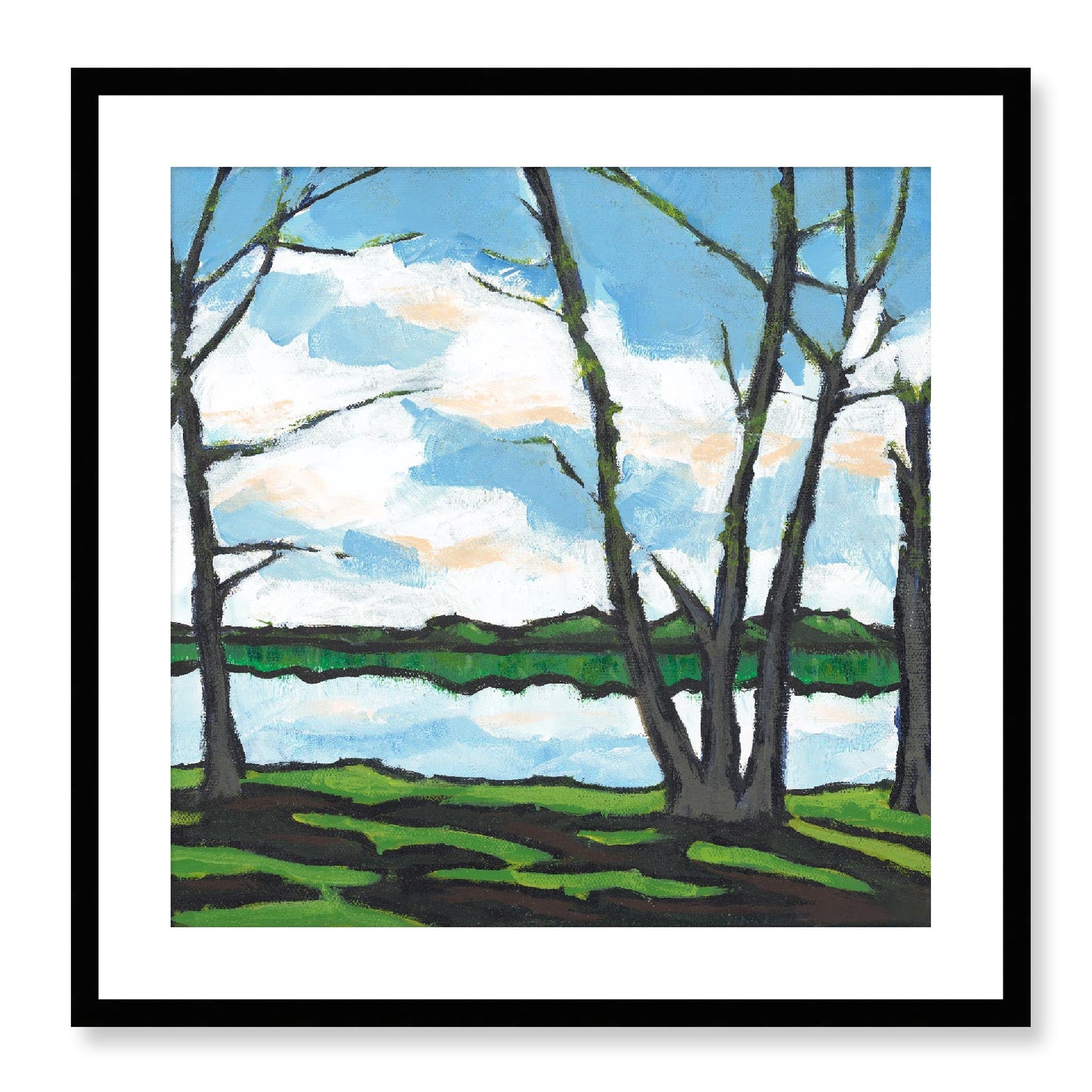 Framed Fine Art Print, White Mat - 12x12 16x16 20x20 24x24 28x28 32x32 36x36 40x40 inches | Lakeshore in Acrylic, FPS-1101, Prints, Fine art, Black Frame, 61 x 61 cm ,24 x 24 inches