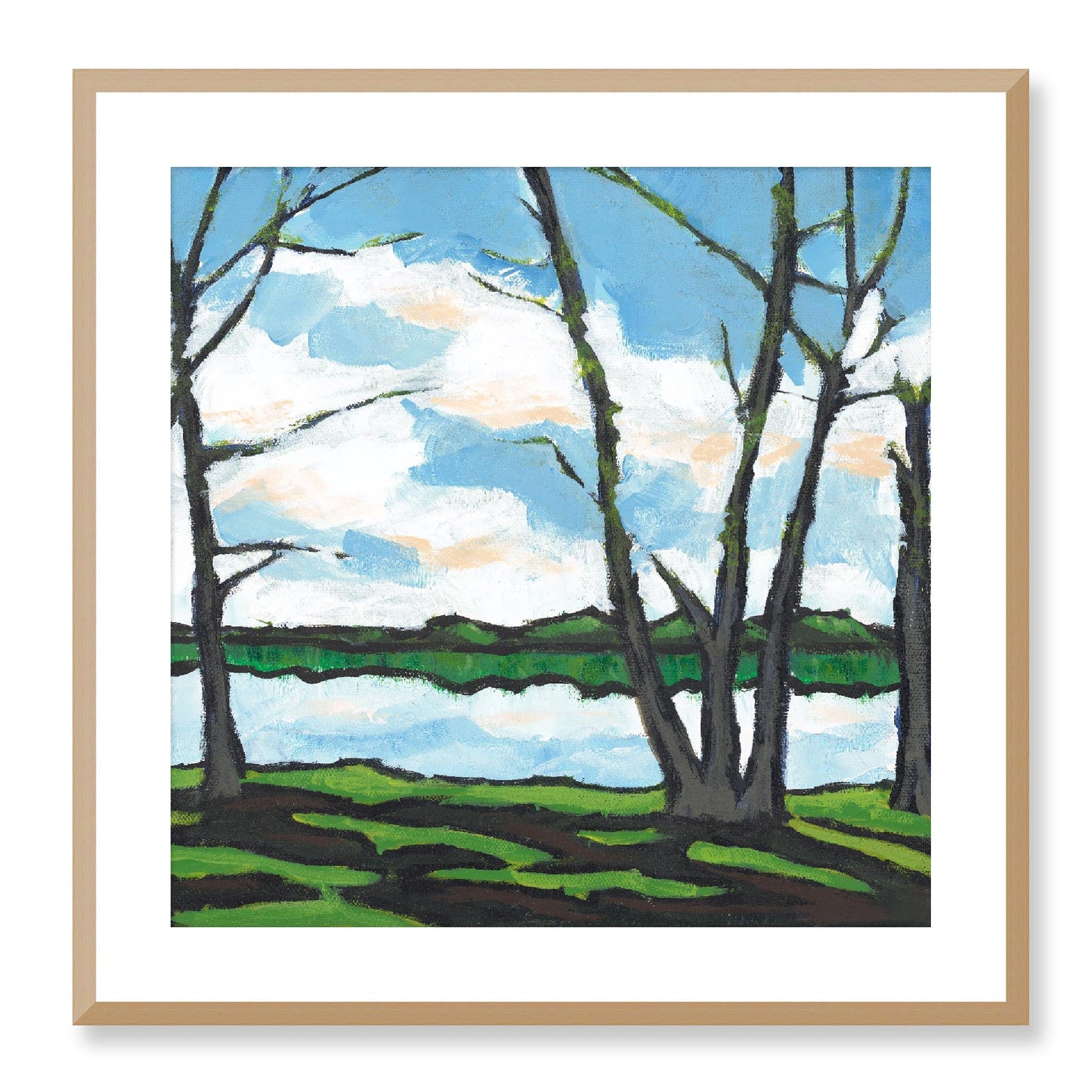 Framed Fine Art Print, White Mat - 12x12 16x16 20x20 24x24 28x28 32x32 36x36 40x40 inches | Lakeshore in Acrylic, FPS-1101, Prints, Fine art, Natural Frame, 61 x 61 cm ,24 x 24 inches