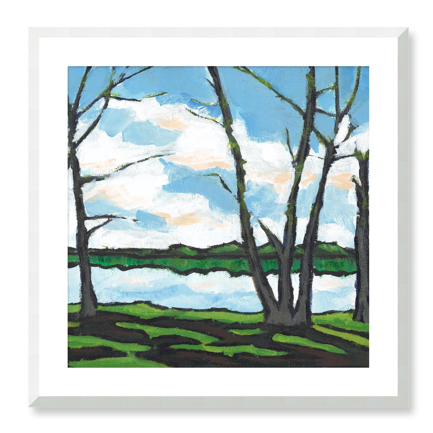 Framed Fine Art Print, White Mat - 12x12 16x16 20x20 24x24 28x28 32x32 36x36 40x40 inches | Lakeshore in Acrylic, FPS-1101, Prints, Fine art, White Frame, 61 x 61 cm ,24 x 24 inches