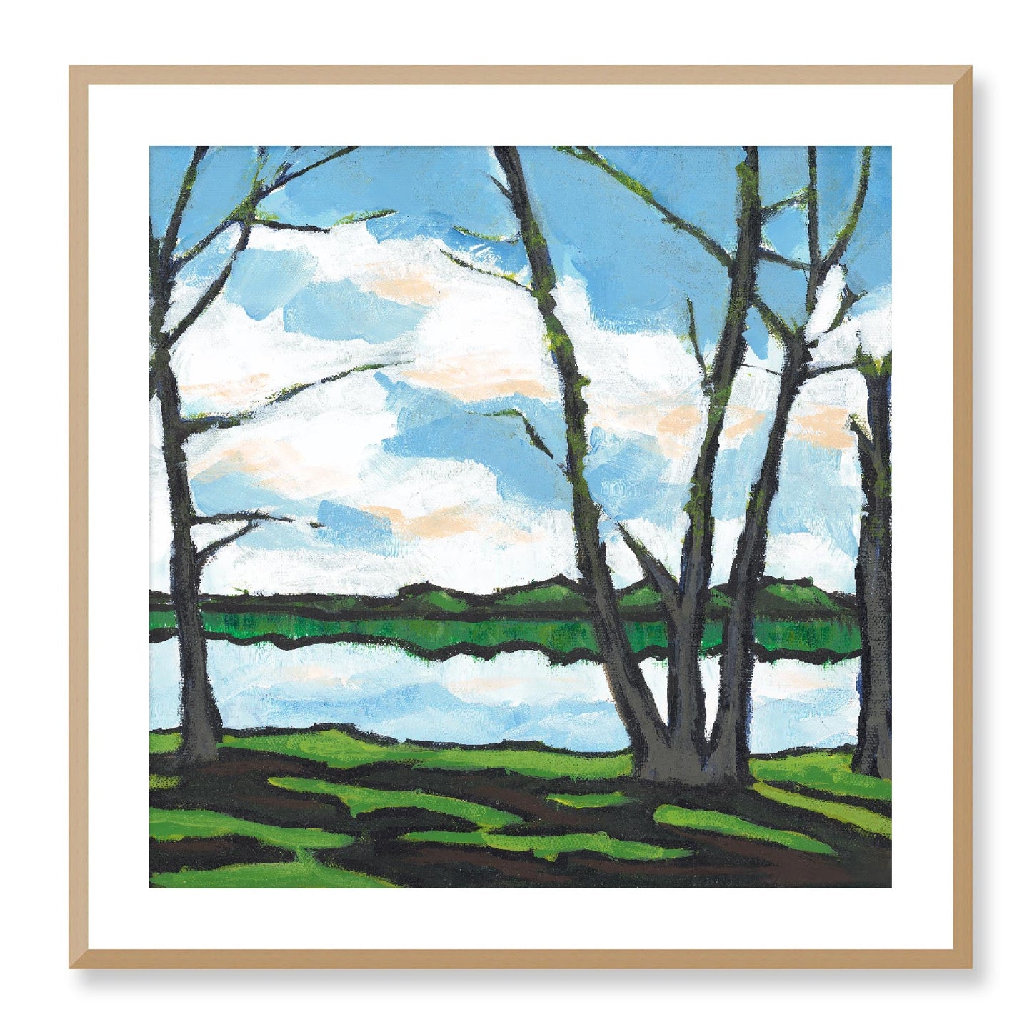 Framed Fine Art Print, White Mat - 12x12 16x16 20x20 24x24 28x28 32x32 36x36 40x40 inches | Lakeshore in Acrylic, FPS-1101, Prints, Fine art, Black Frame, 71 x 71 cm ,28 x 28 inches