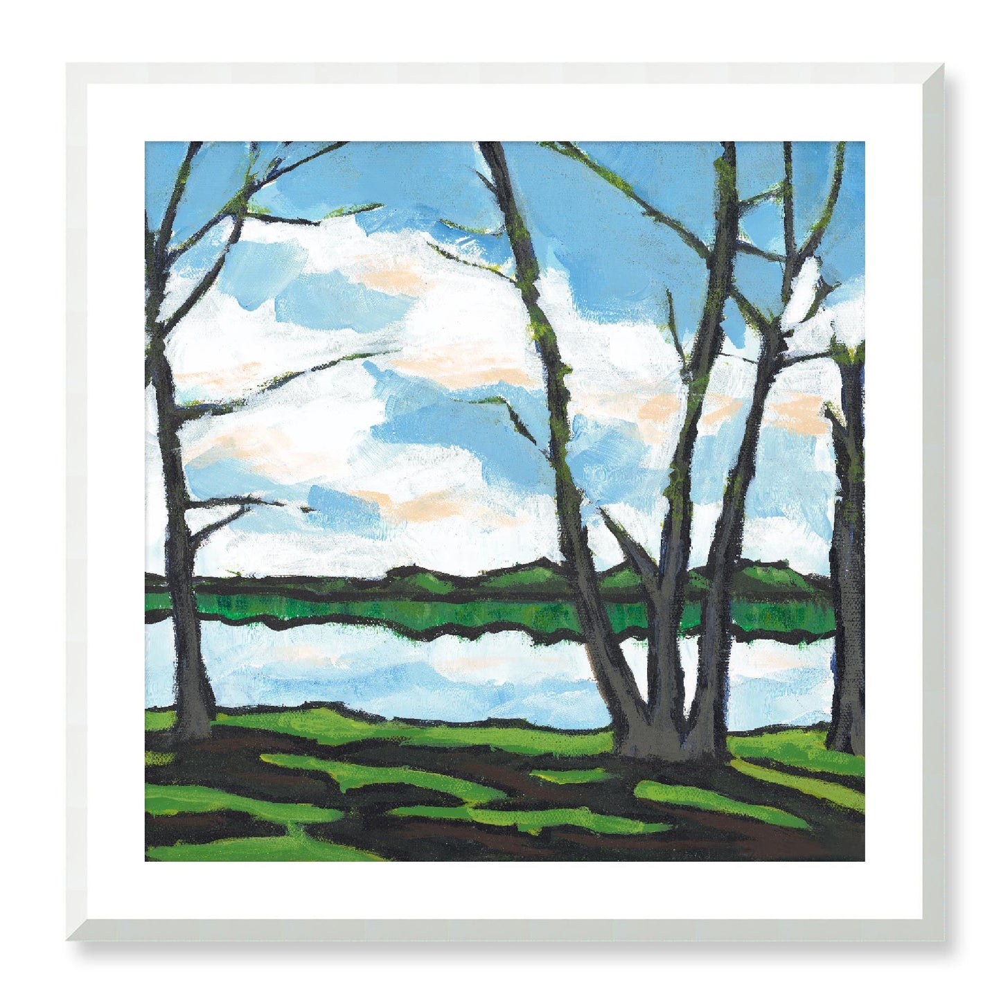 Framed Fine Art Print, White Mat - 12x12 16x16 20x20 24x24 28x28 32x32 36x36 40x40 inches | Lakeshore in Acrylic, FPS-1101, Prints, Fine art, Natural Frame, 71 x 71 cm ,28 x 28 inches