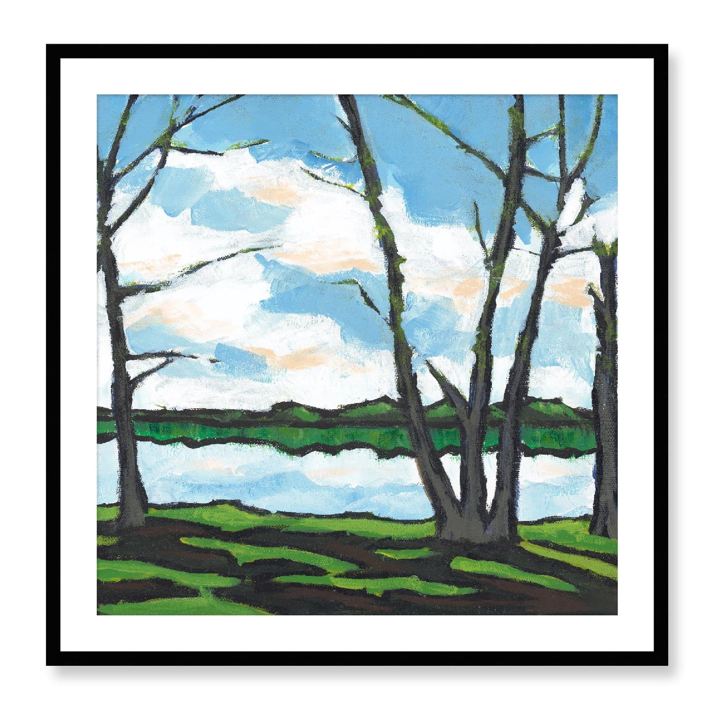 Framed Fine Art Print, White Mat - 12x12 16x16 20x20 24x24 28x28 32x32 36x36 40x40 inches | Lakeshore in Acrylic, FPS-1101, Prints, Fine art, White Frame, 81 x 81 cm ,32 x 32 inches