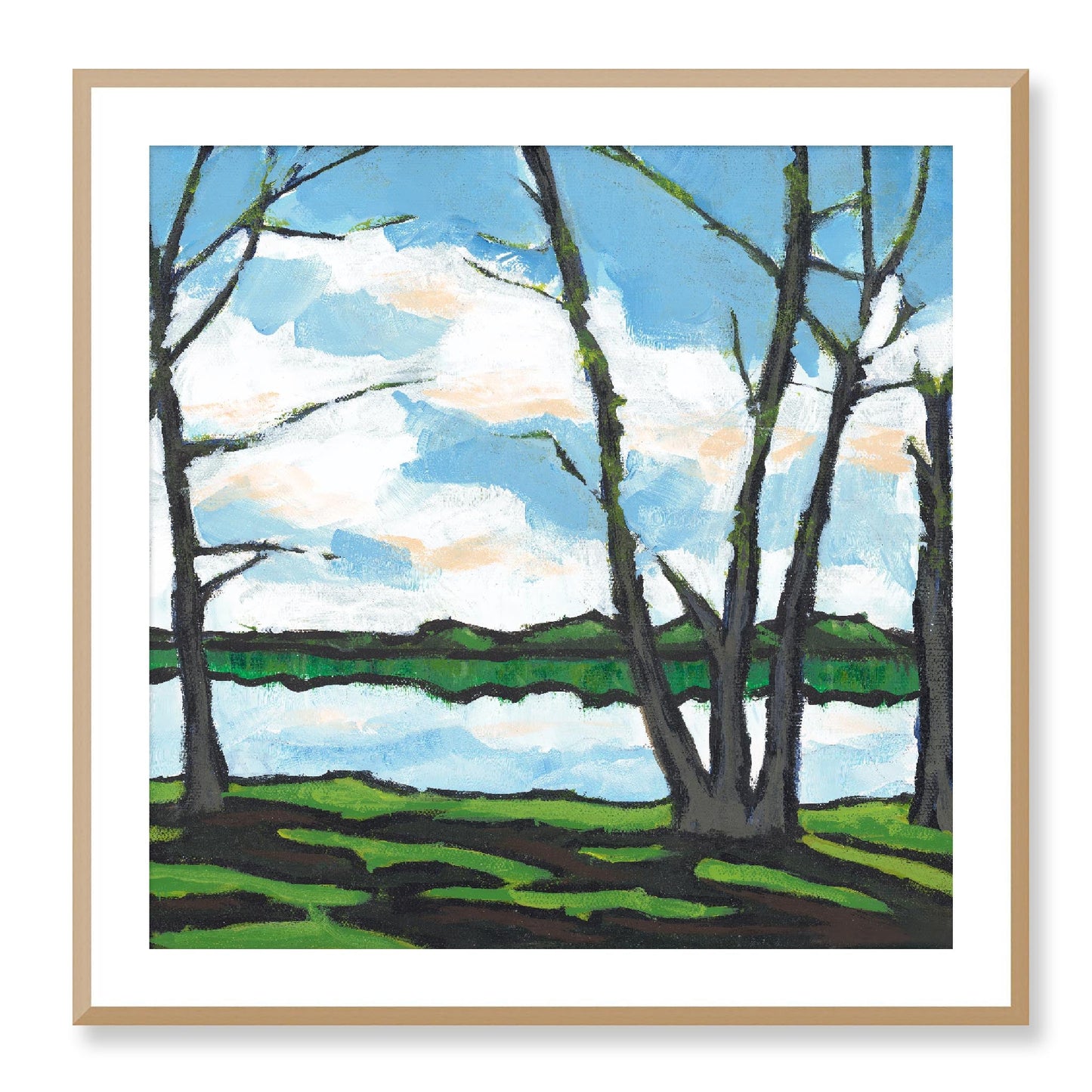 Framed Fine Art Print, White Mat - 12x12 16x16 20x20 24x24 28x28 32x32 36x36 40x40 inches | Lakeshore in Acrylic, FPS-1101, Prints, Fine art, Black Frame, 81 x 81 cm ,32 x 32 inches