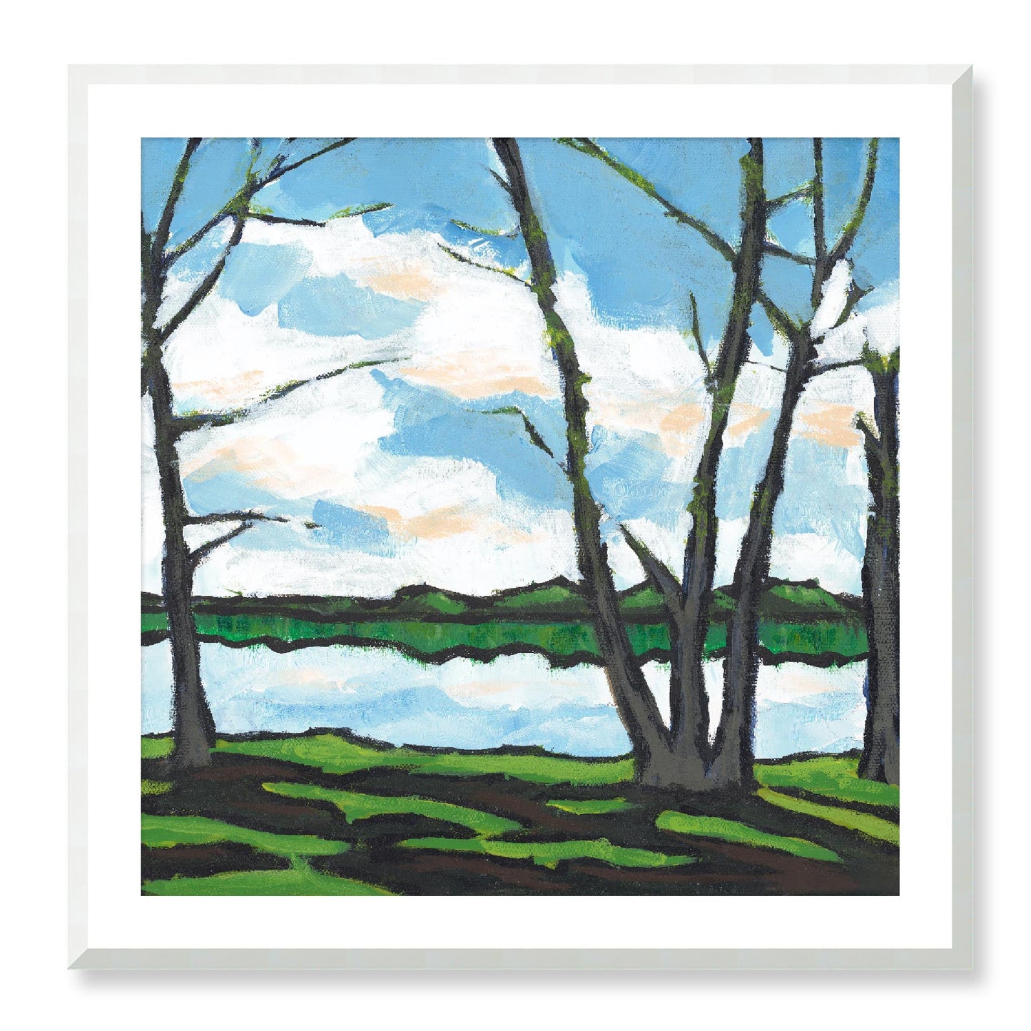 Framed Fine Art Print, White Mat - 12x12 16x16 20x20 24x24 28x28 32x32 36x36 40x40 inches | Lakeshore in Acrylic, FPS-1101, Prints, Fine art, Natural Frame, 81 x 81 cm ,32 x 32 inches