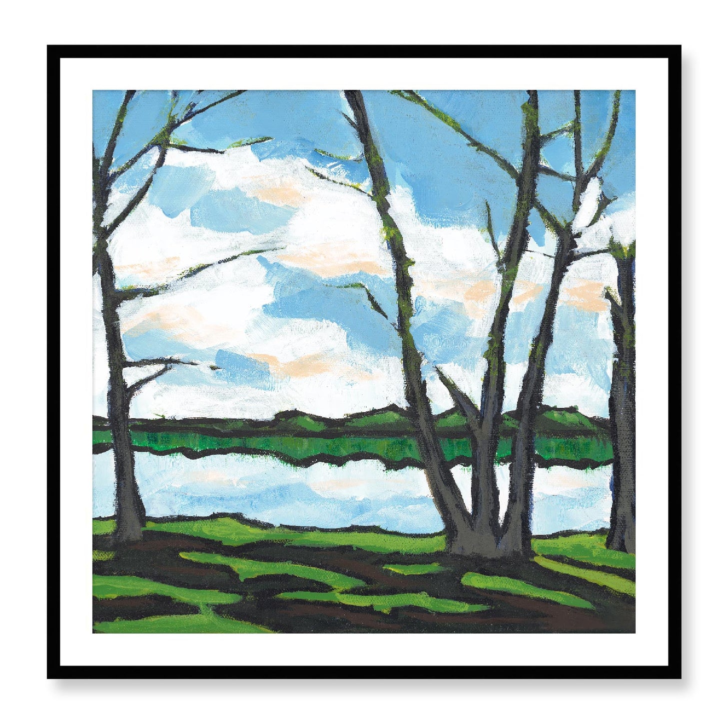 Framed Fine Art Print, White Mat - 12x12 16x16 20x20 24x24 28x28 32x32 36x36 40x40 inches | Lakeshore in Acrylic, FPS-1101, Prints, Fine art, Black Frame, 91 x 91 cm ,36 x 36 inches