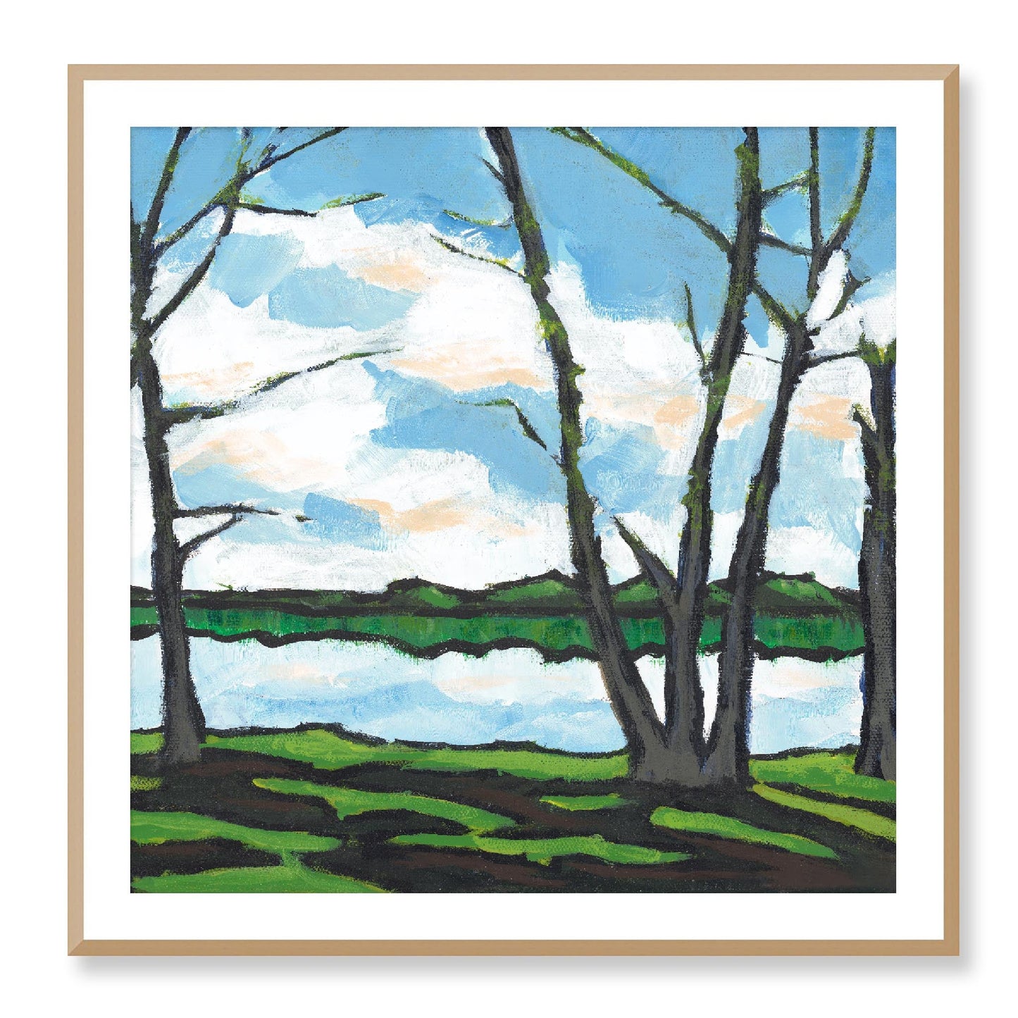 Framed Fine Art Print, White Mat - 12x12 16x16 20x20 24x24 28x28 32x32 36x36 40x40 inches | Lakeshore in Acrylic, FPS-1101, Prints, Fine art, White Frame, 91 x 91 cm ,36 x 36 inches